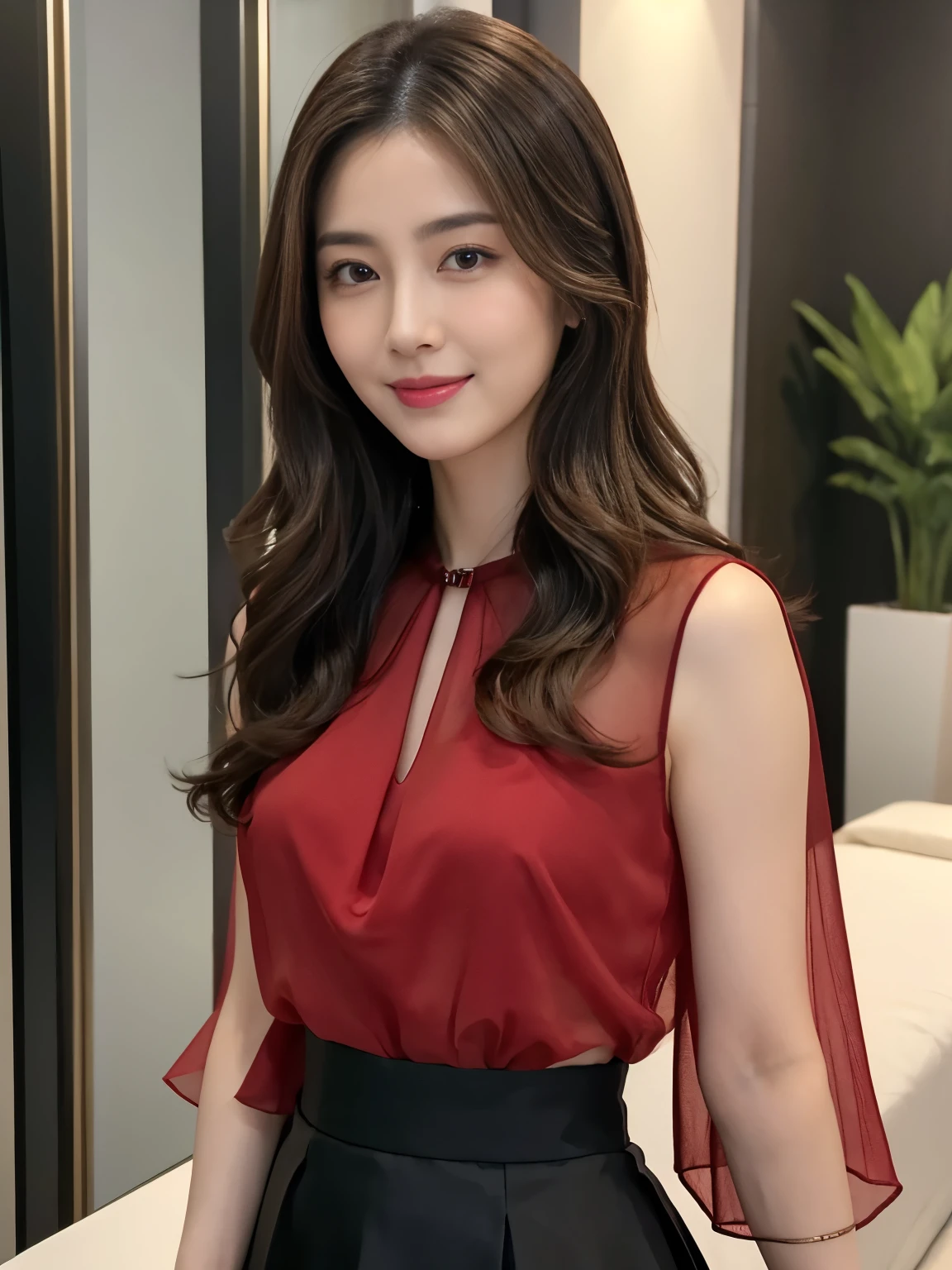 8k, RAW photos, best quality, tmasterpiece:1.5), (realistic, photograph realistic:1.5), masterpiece, best quality, High detail, Best image quality, super detailed, high resolution, Very detailed, Best quality, Extreme detail description, hyperdetailed painting, (An extremely delicate and beautiful work), ((hand touch breast)), Beautiful detailed girl, Very detailed eyes and face, (Beautiful detailed eyes), Masterpiece, fair skin, hazy beauty, very detailed facial, detailed skin structure, perfect anatomy, ((perfect body)), Beautiful detailed whole body, delicate face, exquisite body, fine collar bone, lovely lips, Behind the softness, adorable, ((slim waist)), ((huge tit)), (seductive look, soulful eyes, reality eyes, beautiful and clear eyes), (dark color hair), curled short hair, ((smile:1.3)), ((Enchanted expression)), seductive posture, ((An extremely detailed and elegant see-through collared red shirt)), (wool cloak and black trouser), head gear, highly detailed, delicate necklace, Delicate earrings, Simple blurred background, ((view over city), ((midnight)), ((winter)), physically-based rendering, ((the body from the thighs up)), looking to space