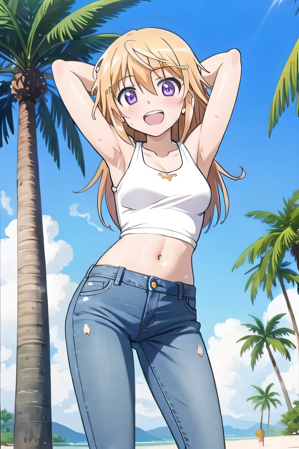 masterpiece,best quality,ultra detail, ((Perfect Face, Perfect Arms, Perfect hands, Perfect Fingers)), 1girl, , peti ((round face, ecstasy, orgasm face, drooping eyes, shame smiling, blush)), dropping eyes, sleepy, Open mouth, ((White teeth)), background((under the beach, (day:1.2), palm tree, bright sky)), charlotte dunois, long hair, blonde hair, (messy hair:1.7), ribbon, hair ribbon, (purple eyes:1.1), ((arms behind head, hands behind head, fingers behind head)), ((contrapposto)), spread armpits, looking at viewer,, (white tank top:1.2), (white crop top:1.2), (jeans pants:1.2, flares jeans:1.2, skinny jeans:1.2, blue jeans:1.2), standing, (legs spread:1.4), sex pose, Sweaty crotch, Steam from the crotch, from below, full medium body