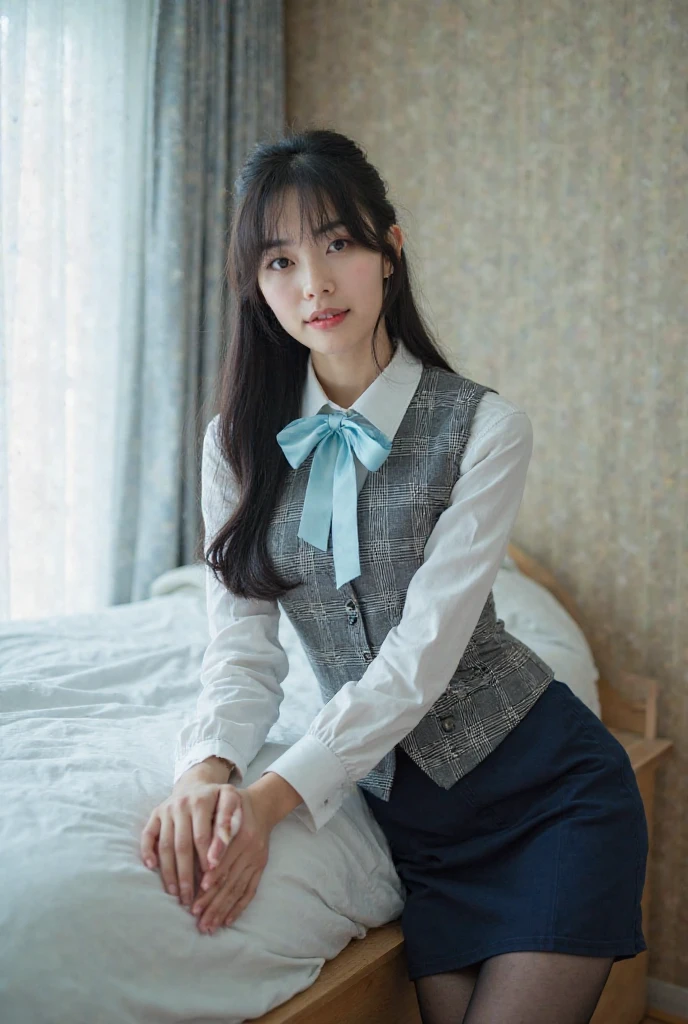 (8k, RAW Photo, Best Quality, Masterpiece:1.2), Ultra Detail, Super Resolution, (Realistic, Realistic Photo:1.37), Portrait, Professional Photo, Extremely Detailed and Beautiful, amazing and detailed, huge file size, official art, highly detailed CG unity 8k wallpaper, highly detailed beautiful girl, highly detailed face, highly detailed eyes, highly detailed skin, highly detailed fingers, highly detailed nose, very detailed detailed mouth , perfect anatomy, highly detailed background, highly detailed clothes, 1girl, 16s year old girl, cute girl, realistic body, petite, fair skin, glowing skin , slender proportions, A slight smil,Sexy and feminine,Bed room, medium breasts, Japanese's high school uniform,