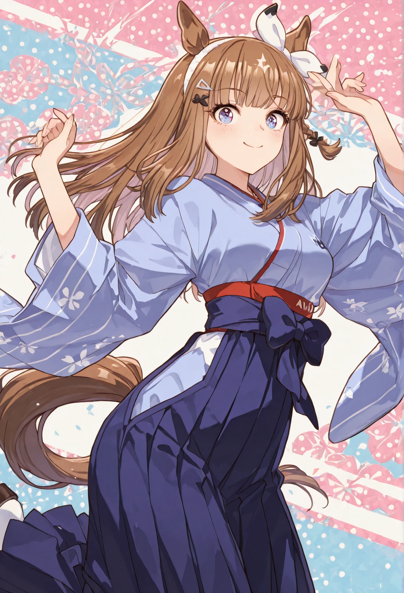 {{{masterpiece}}}, {{{best quality}}}, {{ultra-detailed}}, {illustration}, {{an extremely delicate and beautiful}},{{{Almond Eye}}},{{{Uma Musume}}} {{{smile}}}, light blue kimono,Hakama,{{{Japanese towns in the Meiji era}}}{Simple Pop Background},{{{Jumping woman}}}