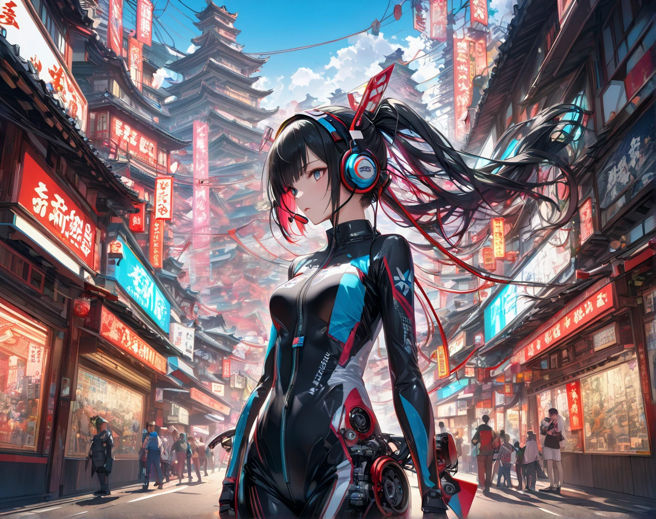(Masterpiece: 1.2), Top Quality, (Illustration: 1.2), Eye Focus, (Cleverly crafted glow: 1.3), (Ultra detail), Hyper Detail, (Delicate Detail), (Intricate Detail), (Cinematic Light, Top Quality Backlight), Clear Lines, purple and yellow Girl, chinese_clothes, Cyberpank, Cheongsam, Cyberpunk City, dynamic pose, headdress, hair ornament, very long hair, high-tech city, machine and futuristic elements, futurism, technology
