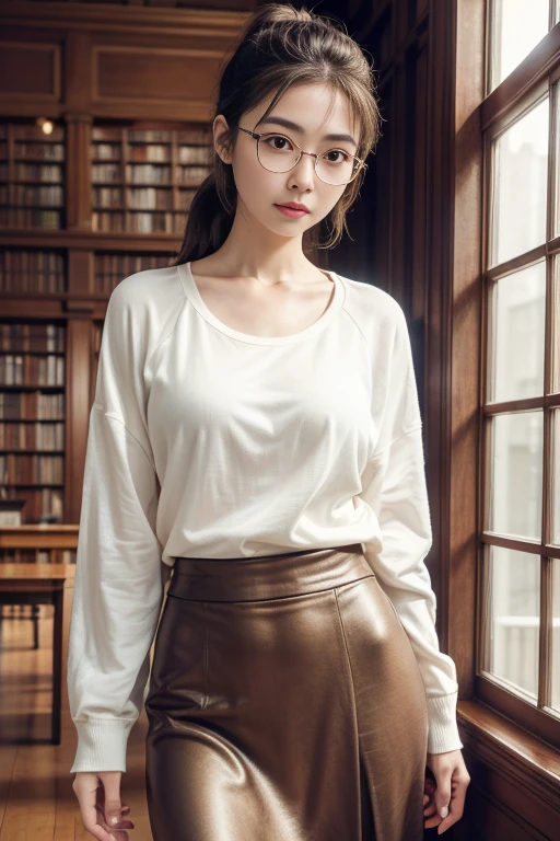 (32K resolution: x1.5), [quiet library afternoon: x1.21], bokeh effect, [studious ambiance: x1.21], film grain style, (ultra-realistic: x1.5, photorealistic: x1.5), intellectual character, perfect figure, intricate details, [19-year-old girl: x1.21], (old-world library setting: x1.2), (rows of books and quiet corners as backdrop: x1.3), (immersed in reading: x1.4), (peaceful midday: x1.2), (vintage glasses and classic literature: x1.3), [theme of intellectual pursuit: x1.21], (absorbed in knowledge: x1.3), specific lighting: (soft natural light from windows: x1.4), 35mm film look, [desaturated: x1.21], (color palette of rich wood and muted tones: x1.3), vignette, [Kodachrome: x1.21], Lomography, analog film, [expression of focused learning: x1.21], tanned skin, (long brown hair: x1.3), hair texture: (pulled back in a smart bun: x1.2), makeup: (subtle and refined: x1.4), facial expression: (engrossed and thoughtful: x1.5), body shape: curvy, slim waist, visible curves, [large breasts, cleavage: x1.5], clothing: (classic sweater and skirt: x1.4), [elegantly academic: x1.21], (Ananya Pandey: x1.5), photographed on Canon, lens mm: (85mm for intimate focus: x1.4), shallow depth of field, [Kodak Vision Color: x1.21], post-processing: (highlighting the hushed atmosphere: x1.5), (capturing the essence of quiet study: x1.5), resolution: (20K for clear textural details: x1.3), [exceptionally detailed: x1.21], maximum details, [optimal quality: x1.5], resolution: 32K, RAW, photorealistic, pose: (seated at a table with a book: x1.4), body length: (half-length shot for focused intimacy: x1.2), direction of model's body and gaze: (leaning over the book, completely absorbed: x1.5), gaze intensity level: (serene and studious: x1.5), [additional detail: the quiet whispers of turning pages: x1.21]