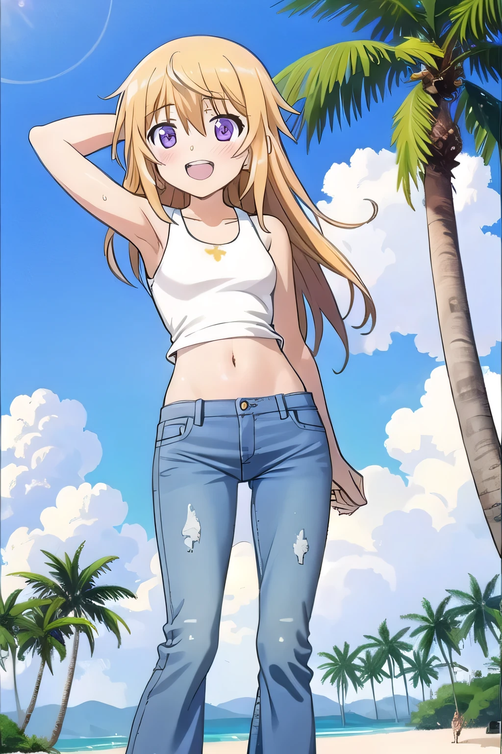 masterpiece,best quality,ultra detail, ((Perfect Face, Perfect Arms, Perfect hands, Perfect Fingers)), 1girl, , peti ((round face, ecstasy, orgasm face, drooping eyes, shame smiling, blush)), dropping eyes, sleepy, Open mouth, ((White teeth)), background((under the beach, (day:1.2), palm tree, bright sky)), charlotte dunois, long hair, blonde hair, (messy hair:1.7), ribbon, hair ribbon, (purple eyes:1.1), ((arms behind head, hands behind head, fingers behind head)), ((contrapposto)), spread armpits, looking at viewer,, (white tank top:1.2), (white crop top:1.2), (jeans pants:1.2, flares jeans:1.2, skinny jeans:1.2, blue jeans:1.2), standing, (legs spread:1.4), sex pose, Sweaty crotch, Steam from the crotch, from below, full medium body