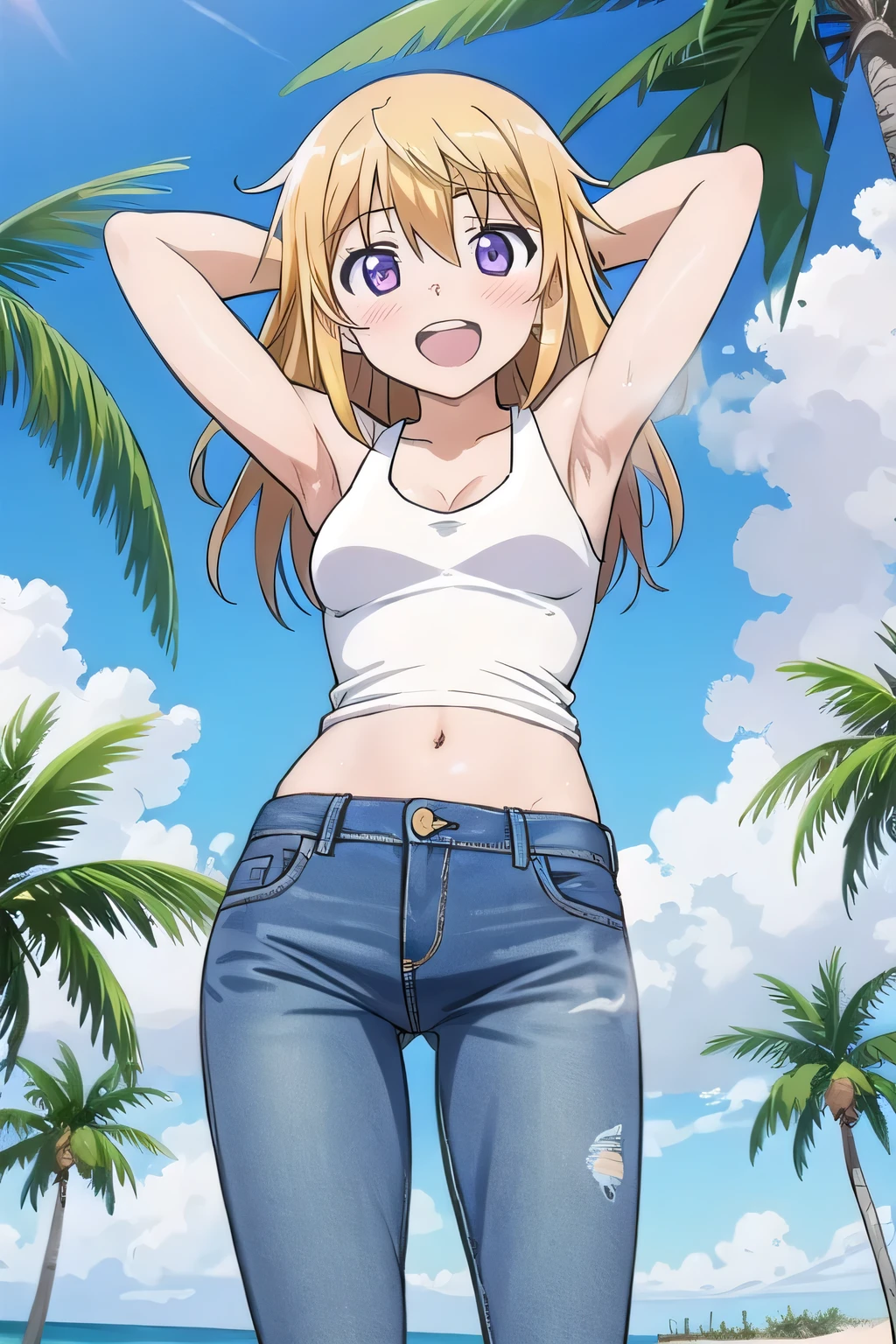 masterpiece,best quality,ultra detail, ((Perfect Face, Perfect Arms, Perfect hands, Perfect Fingers)), 1girl, , peti ((round face, ecstasy, orgasm face, drooping eyes, shame smiling, blush)), dropping eyes, sleepy, Open mouth, ((White teeth)), background((under the beach, (day:1.2), palm tree, bright sky)), charlotte dunois, long hair, blonde hair, (messy hair:1.7), ribbon, hair ribbon, (purple eyes:1.1), ((arms behind head, hands behind head, fingers behind head)), ((contrapposto)), spread armpits, looking at viewer,, (white tank top:1.2), (white crop top:1.2), (jeans pants:1.2, flares jeans:1.2, skinny jeans:1.2, blue jeans:1.2), standing, (legs spread:1.4), sex pose, Sweaty crotch, Steam from the crotch, from below, full medium body