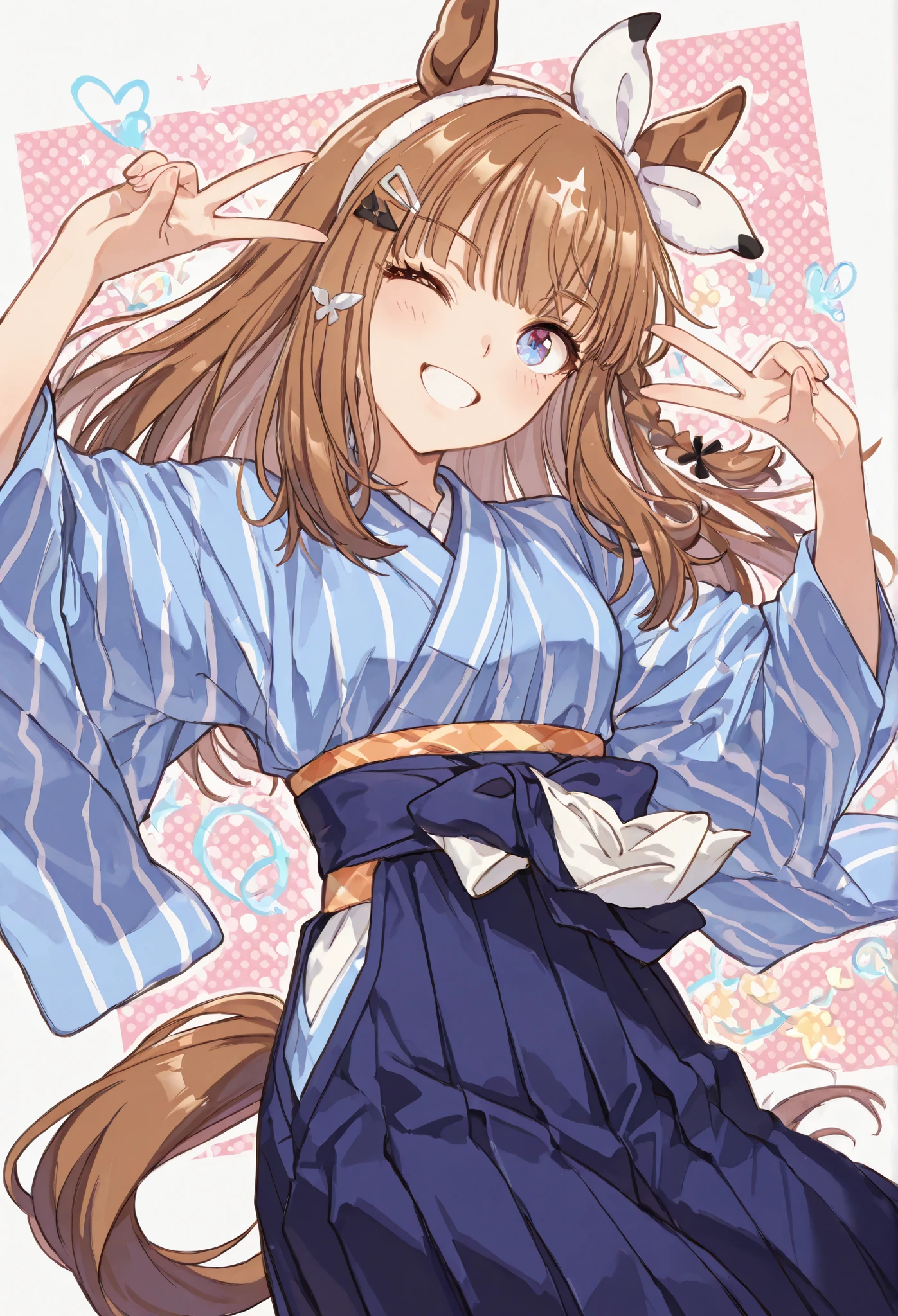 {{{masterpiece}}}, {{{best quality}}}, {{ultra-detailed}}, {illustration}, {{an extremely delicate and beautiful}},{{{Almond Eye}}},{{{Uma Musume}}} {{{smile}}}, blue kimono,Hakama,{{{Japanese towns in the Meiji era}}}{Simple Pop Background},{{{Jumping woman}}},{peace sign},