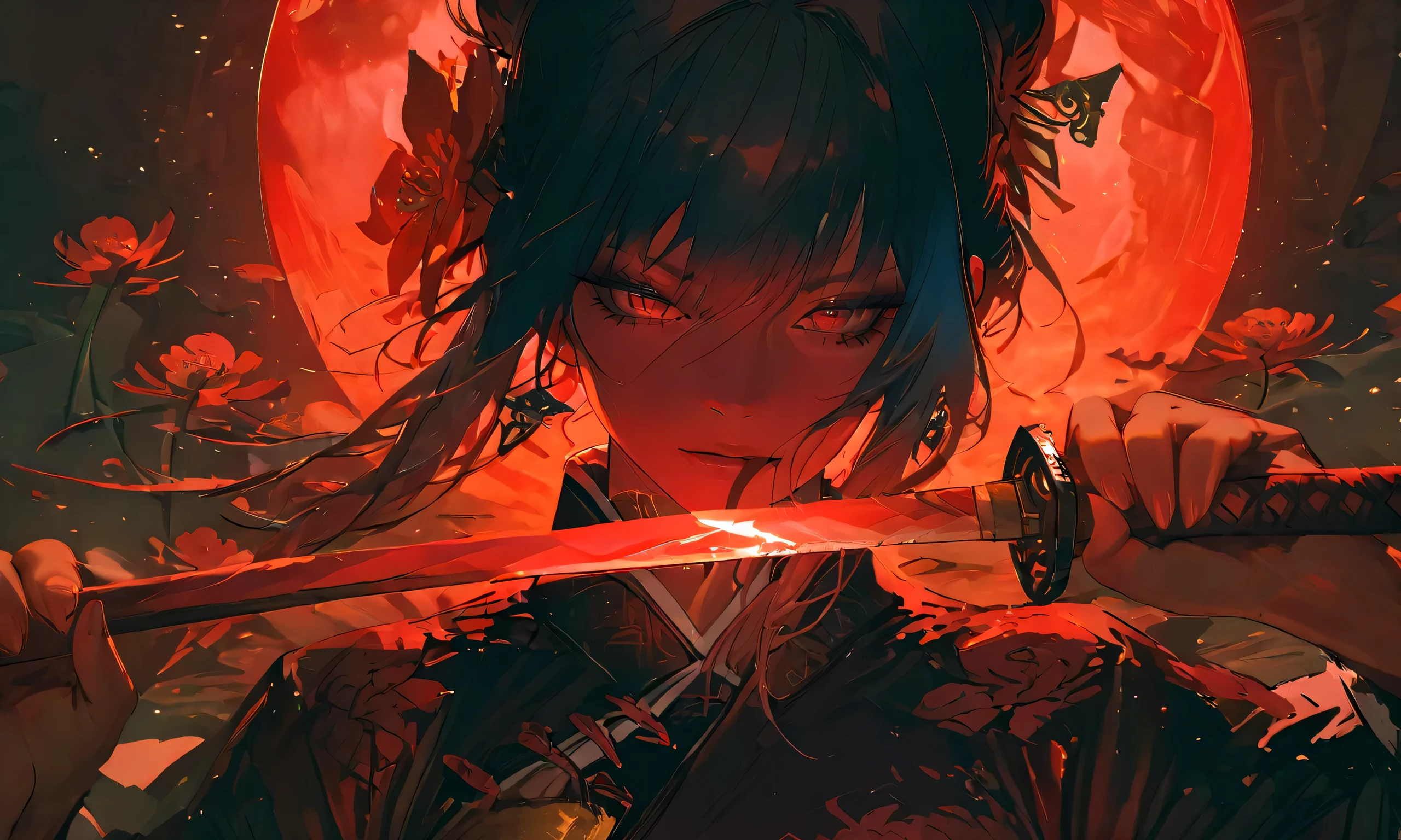 blood katana lady Chinese style ai action red moon floating red flower, detailed portrait of a fierce female warrior, katana sword in hand, wearing traditional Chinese clothing, in a mystical scene with a red moon and floating red flowers, highly detailed, photorealistic, 8K, cinematic lighting, dramatic color palette, fantasy art