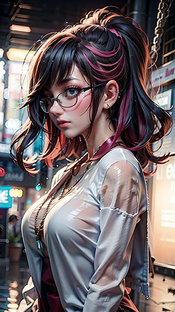 masterpiece, best quality, 8K wallpaper, HDR, octane rendering. Detailed and beautiful scenery, Street, night, shops, beautiful sky with multicolored shooting stars, break, A girl with glasses: 1.6, black cropped t-shirt, pleated plaid mini skirt, sandals, (Short messy hair with long sides, hair with red highlights, shiny black hair:1.2), (Beautiful and detailed face with perfect symmetry), (Big eyes, bright eyes), (Beautiful and detailed red eyes:1.2), (soft lips, lipstick, crazy smile, teeth:1.2), breasts medium shots, body covered in tattoos, (body with perfect anatomy, perfect natural texture, high details, glowing skin) cinematic lighting, vivid colors, detailed illustration, depth of field.