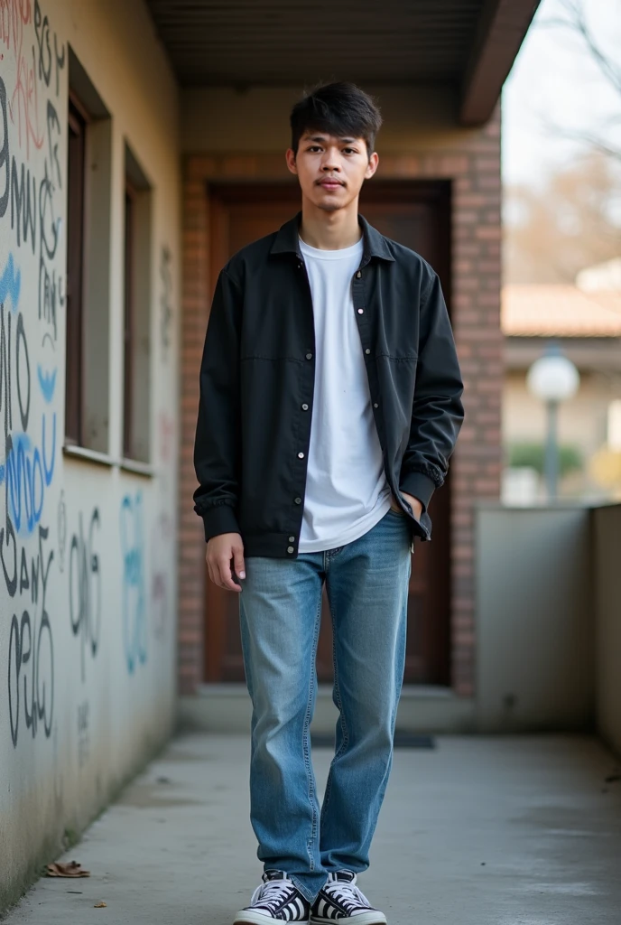 17-year-old Korean boy, medium build, 57 kg, undercut hairstyle, wearing a black jacket and white undershirt, blue jeans, wearing white and black medium shoes, posing outside the building with HD background of the living room, behind graffiti on the wall.