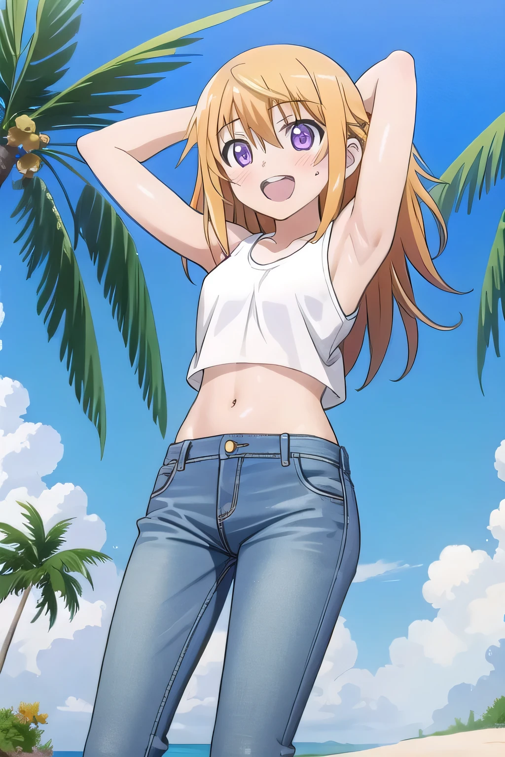 masterpiece,best quality,ultra detail, ((Perfect Face, Perfect Arms, Perfect hands, Perfect Fingers)), 1girl, , peti ((round face, ecstasy, orgasm face, drooping eyes, shame smiling, blush)), dropping eyes, sleepy, Open mouth, ((White teeth)), background((under the beach, (day:1.2), palm tree, bright sky)), charlotte dunois, long hair, blonde hair, (messy hair:1.7), ribbon, hair ribbon, (purple eyes:1.1), ((arms behind head, hands behind head, fingers behind head)), ((contrapposto)), spread armpits, looking at viewer,, (white tank top:1.2), (white crop top:1.2), (jeans pants:1.2, flares jeans:1.2, skinny jeans:1.2, blue jeans:1.2), standing, (legs spread:1.4), sex pose, Sweaty crotch, Steam from the crotch, from below, full medium body