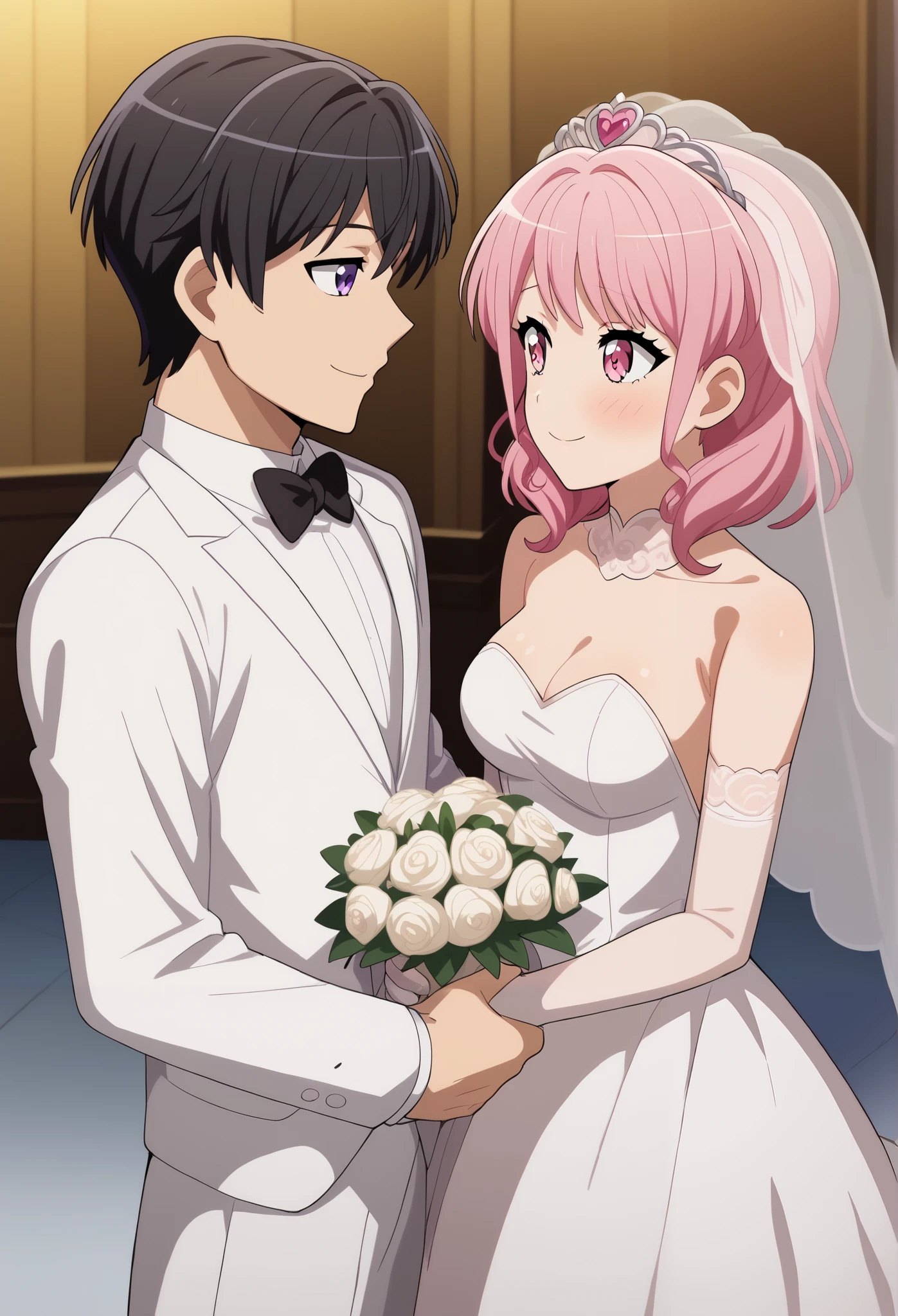 score_9, score_8_up, score_7_up, source_anime,mogudan,masterpiece,best quality, anime screencap, yaranaika, good figure and proportion, good anatomy,amazing quality,very aesthetic,1girl,perfect hands, AyaMayurama,pink hair,pink eyes, medium hair, medium breasts, anime screencap, yaranaika, baking cookies, straight-on, looking at another, shirt, thighhighs, gloves, church, dress, bow, holding, bare shoulders, white shirt, flower, elbow gloves, white gloves, bowtie, white dress, black bow, white jacket, veil, black bowtie, bouquet, wedding dress, bridal veil, holding bouquet, bride, husband and wife, wedding, groom, smile, blush, locked arms, hetero, 1boy, caelus, black hair, Purple eyes, (perfect face, perfect eyes:1.2), BREAK, bishounen, handsome, MC anime, From front,