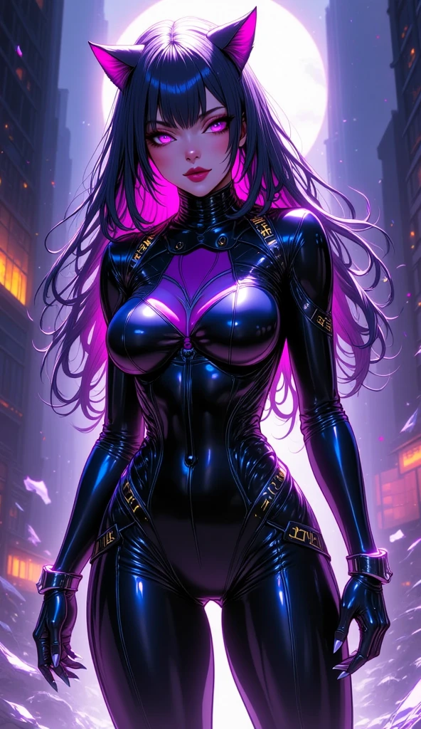 Catwoman from DC Comics, Masterpiece,cleavage，Best quality, abstracted, Psychedelic, neonlight, (honeycomb pattern), (Creative:1.3), Sy3, SMM, Fantasy00d