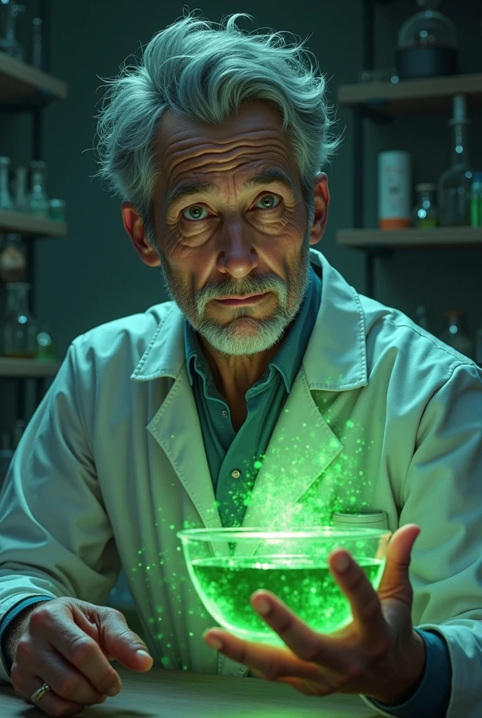 Mad scientist man from the front, hands in front, big teats, detailded, num horror atmosphere, HD, ultrarealistic, holding a glass bottle with neon green liquid spell