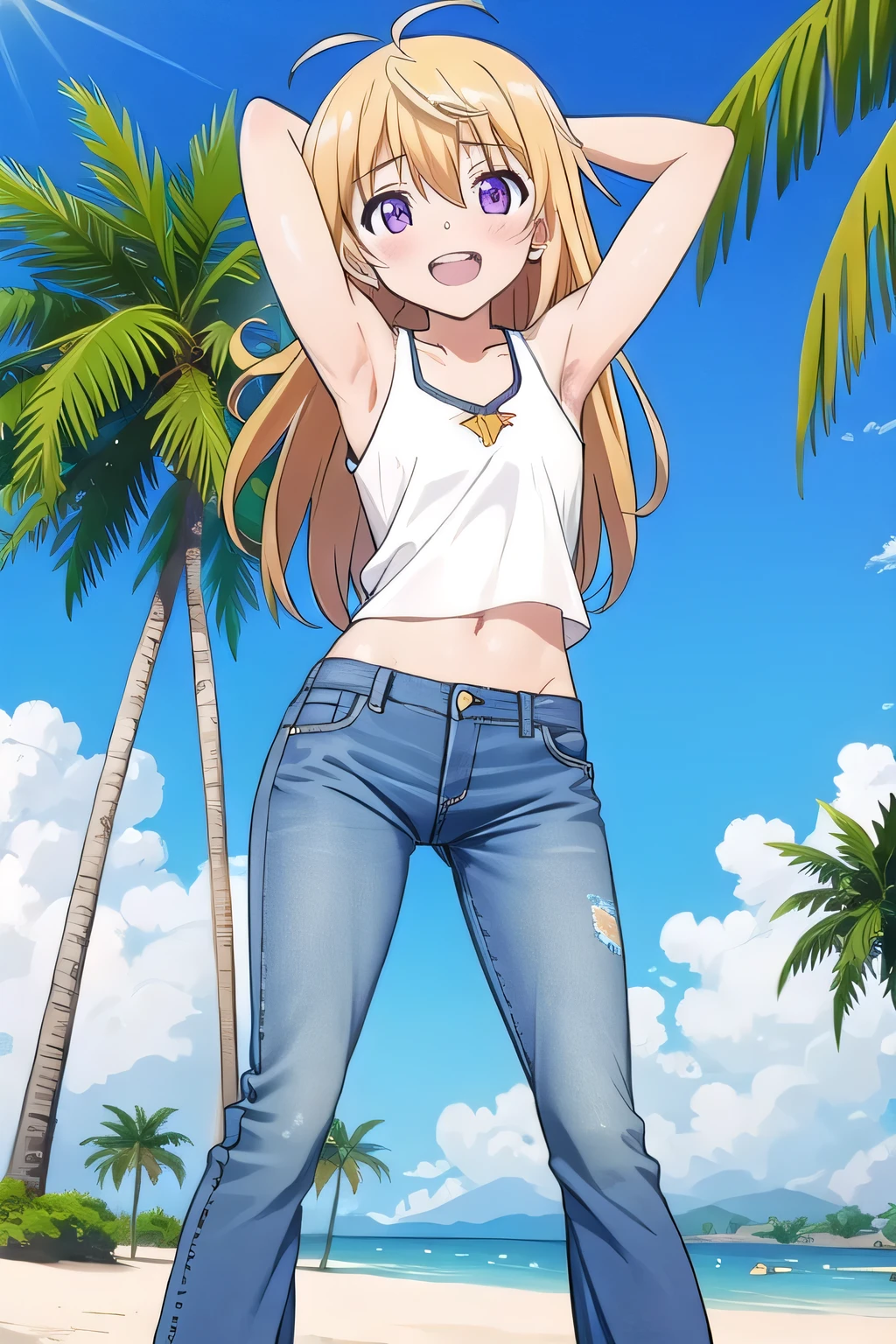 masterpiece,best quality,ultra detail, ((Perfect Face, Perfect Arms, Perfect hands, Perfect Fingers)), 1girl, , peti ((round face, ecstasy, orgasm face, drooping eyes, shame smiling, blush)), dropping eyes, sleepy, Open mouth, ((White teeth)), background((under the beach, (day:1.2), palm tree, bright sky)), charlotte dunois, long hair, blonde hair, (messy hair:1.7), ribbon, hair ribbon, (purple eyes:1.1), ((arms behind head, hands behind head, fingers behind head)), ((contrapposto)), spread armpits, looking at viewer,, (white tank top:1.2), (white crop top:1.2), (jeans pants:1.2, flares jeans:1.2, skinny jeans:1.2, blue jeans:1.2), standing, (legs spread:1.4), sex pose, Sweaty crotch, Steam from the crotch, from below, full medium body