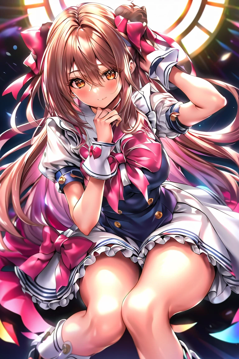 One Girl、Looking at the audience、
Beautiful Pink Eyes、short twintail hair、,Mole under the eye、Plump and glossy lips、Heart-shaped choca、Idol、she is name Riko,smile、ー、。.。.。.。.。.。.。.。.。.。.。.。.。.。.。.。.。.。.3D、Realistic、
idol costume、short skirt,Drape clothes、gem、The decoration has been removed、Floral、Lace trim,On the glittering stage、
masterpiece、highest quality、8k、Detailed skin texture、Detailed cloth texture、Beautifully detailed face、Intricate details、Very detailed、
超A high resolution、8K Ultra HD、Film Grain、Best Shadow、delicate、Staring at the audience、front