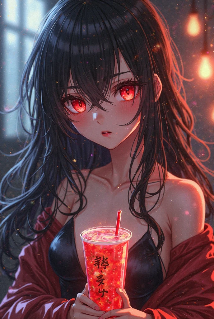 A gorgeous demon female, with long beautiful black hair, Golden Eyes, Use blood magic and drinking a blood power, vampire fangs , Flirtatious smile on her face, wearing a kimono that looks like an assassin's outfit , Sexy poses ,  Drawing Comics , Marvel style