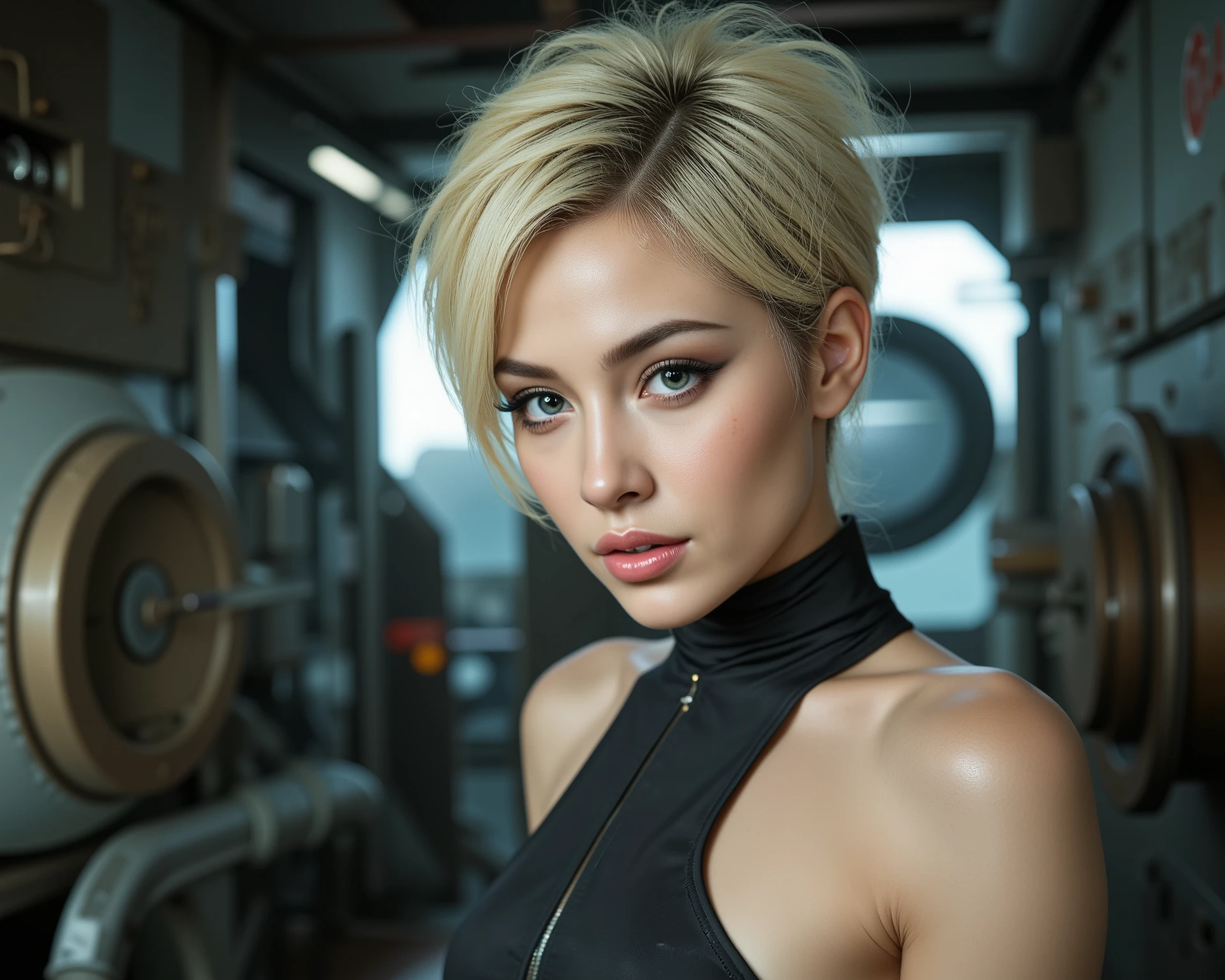 Futuristic Space Voyage Image, subject is a unique female character, modeling pose, short tousled blonde hair, evocative makeup, false eyelashes, stylish eye liner, smoky eye shadow, arched eyebrows, matching lipstick, wearing a weathered composite space uniform, standing on the deck of an industrial-looking spaceship engine room, industrial colors, highly detailed. face is illuminated, golden ratio composition, (cool tone:1.2) (golden hour:1.1) (blurry background1.3)