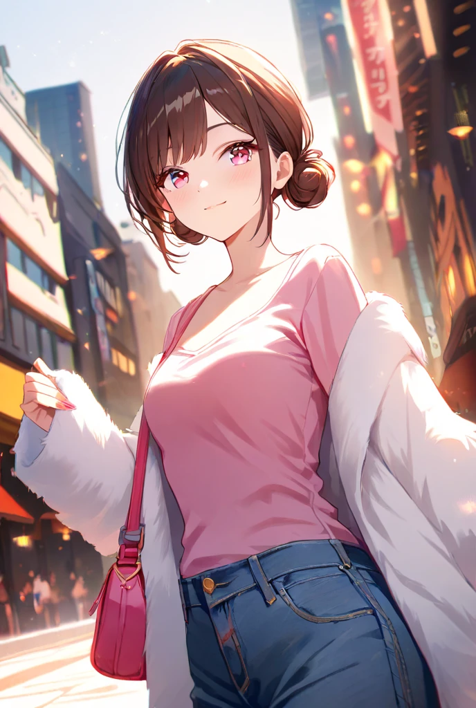 (masterpiece:1.3, top-quality, ultra high res, ultra detailed), (realistic, photorealistic:1.4), beautiful illustration, perfect lighting, natural lighting, colorful, depth of fields,
beautiful detailed hair, beautiful detailed face, beautiful detailed eyes, beautiful clavicle, beautiful body, beautiful chest, beautiful thigh, beautiful legs, beautiful fingers,
looking at viewer, 1 girl, japanese, high school girl, perfect face, (perfect anatomy, anatomically correct), cute and symmetrical face, babyface, , shiny skin,
(short hair:1.5, pixie cut:1.4, brown hair), swept bangs, cliped bangs, dark purple eyes, long eye lasher, (medium breasts), slender,
(((long sleeve pink fur jacket, round-neck black sweater, silver tight skirt)), necklace, ,
(beautiful scenery), evening, (downtown), standing, hands on chest, (seductive smile, open mouth),