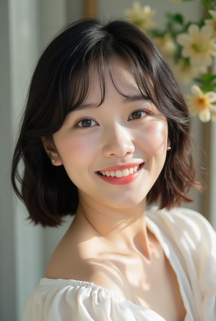 Cherry tree、swimsuit、open chest、I'm not wearing anything inside、whole body、NiziUAYAKA、 4K、1people's women、slender、 Loose wavy styling 、seductive and attractive、Including face and skin texture.,detailed eyes、A soothing expression with a smile