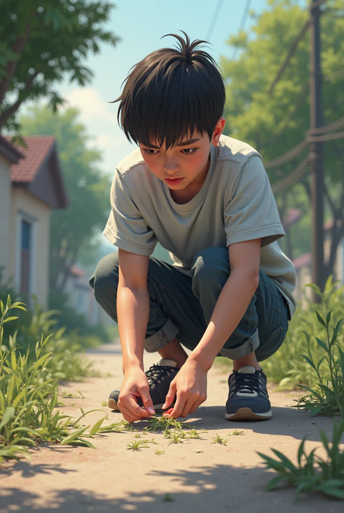 In the field, A little boy crouched on the mound,Holding a piece of toilet paper in his hand, with a hard expression