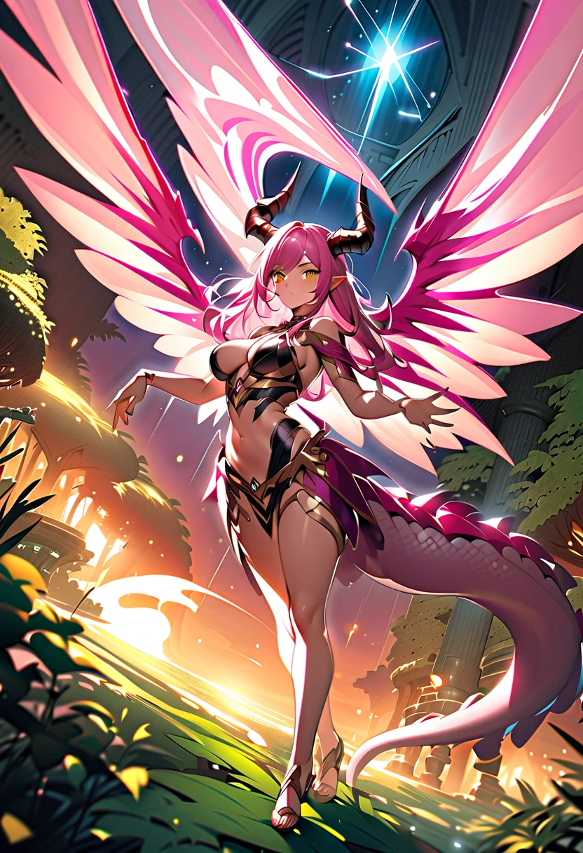 golden dragon girl with wings, perfect hands, golden shine, fictional figure body hands on waist
