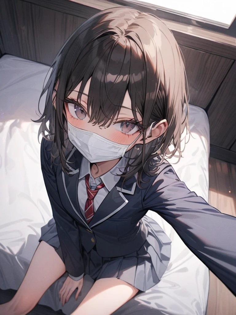 Beautiful girl at 13 years old,Japanese,,,Small and slim,Flat Chest,Small breasts,Baby Face,Small face,Black Hair,Twin tails,Grey Eyes,middle School girls,uniform,Summer clothes,open mouth,tongue out,Blindfold,Kneeling and sitting,Tie hands behind back,Beautiful and detailed anime art,A mischievous smile,high angle, looking at viewer, looking ahead, from above,cowboy shot,Sexy vibe,cum on tongue,On the bed,