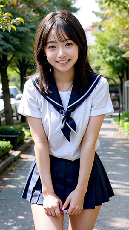 Neat and clean high school girl、(school uniform、Sailor suit、Ribbon tied on chest、Summer clothes、The upper body is white、The skirt is navy blue)、Outside the stadium、(slim)、Realistic、detailed, Skin Texture, 超detailed、Delicate and sexy collarbone、A sloppy smile、スーバーdetailedな顔、detailed唇、detailedな目、Small breasts、Small breasts、、Small breasts、Flat Chest、Emphasize the chest、Bright Face、((Are standing、Her white panties are visible under her skirt、Lift the hem of your skirt slightly with both hands.,,))((Naked and wearing only a white apron、Naked sexy white apron))、Short hair with bangs、Straight Bob Hair、、Angle from above、