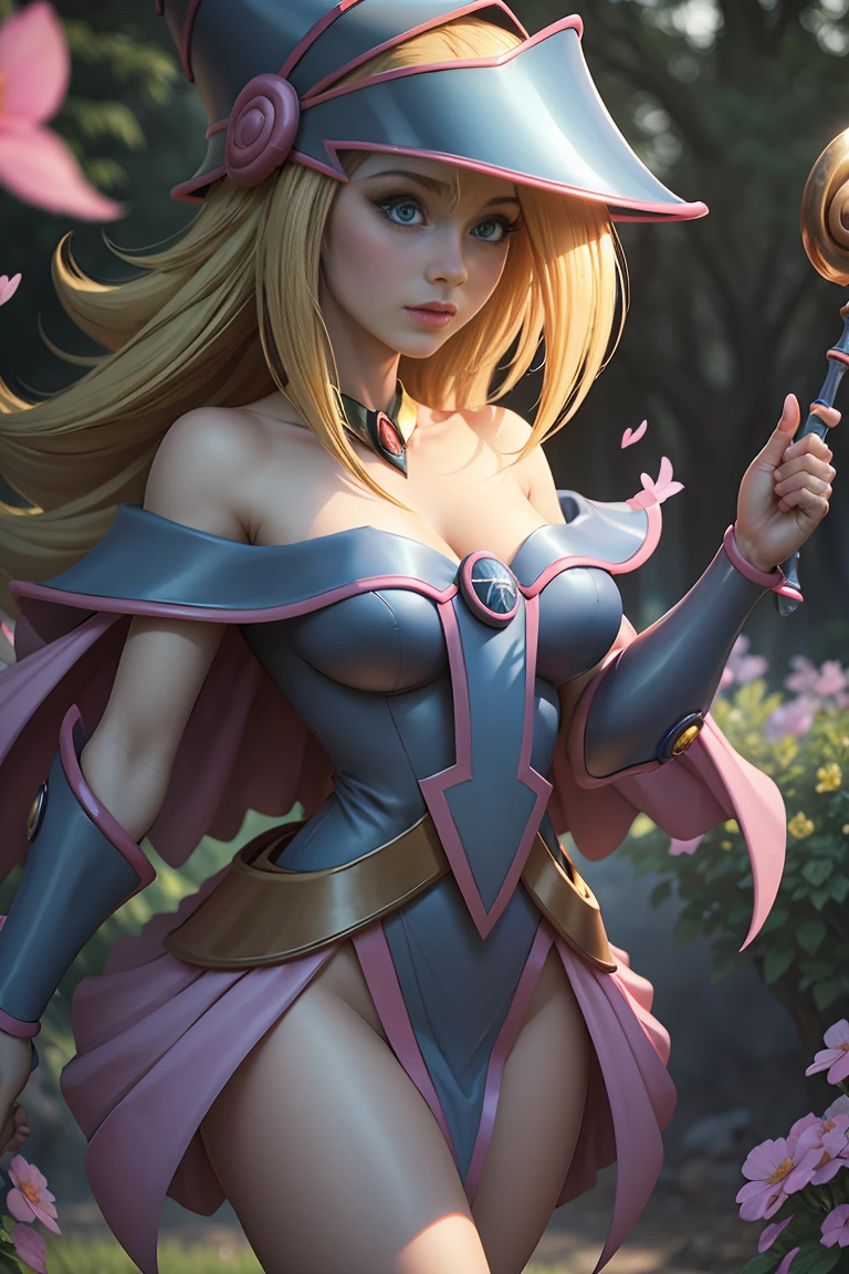 (Obra maestra:1.2), (La mejor calidad:1.2), perfect lighting, Chica Maga Oscura lanzando un hechizo, En sus veinte, flotando en el aire, tetas grandes, escote, bata azul, sombrero grande, desde arriba, Destellos, Yugioh juego, magic of the heart. luces del corazon, Romantic heart floating through the air in a super sensual pose that is very focused on the image and very close