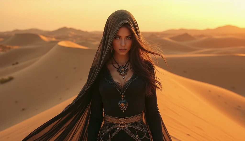 "A mysterious woman standing in the desert at sunset. She is dressed in a flowing black outfit, which is caught in the wind. Part of her face is covered with an ornate golden veil or jewelry, leaving only her expressive eyes visible. Her gaze is deep and captivating, as if she is searching for something in the past. The background features rolling sand dunes, bathed in a warm golden-orange glow from the setting sun, creating a dreamy and ethereal atmosphere."