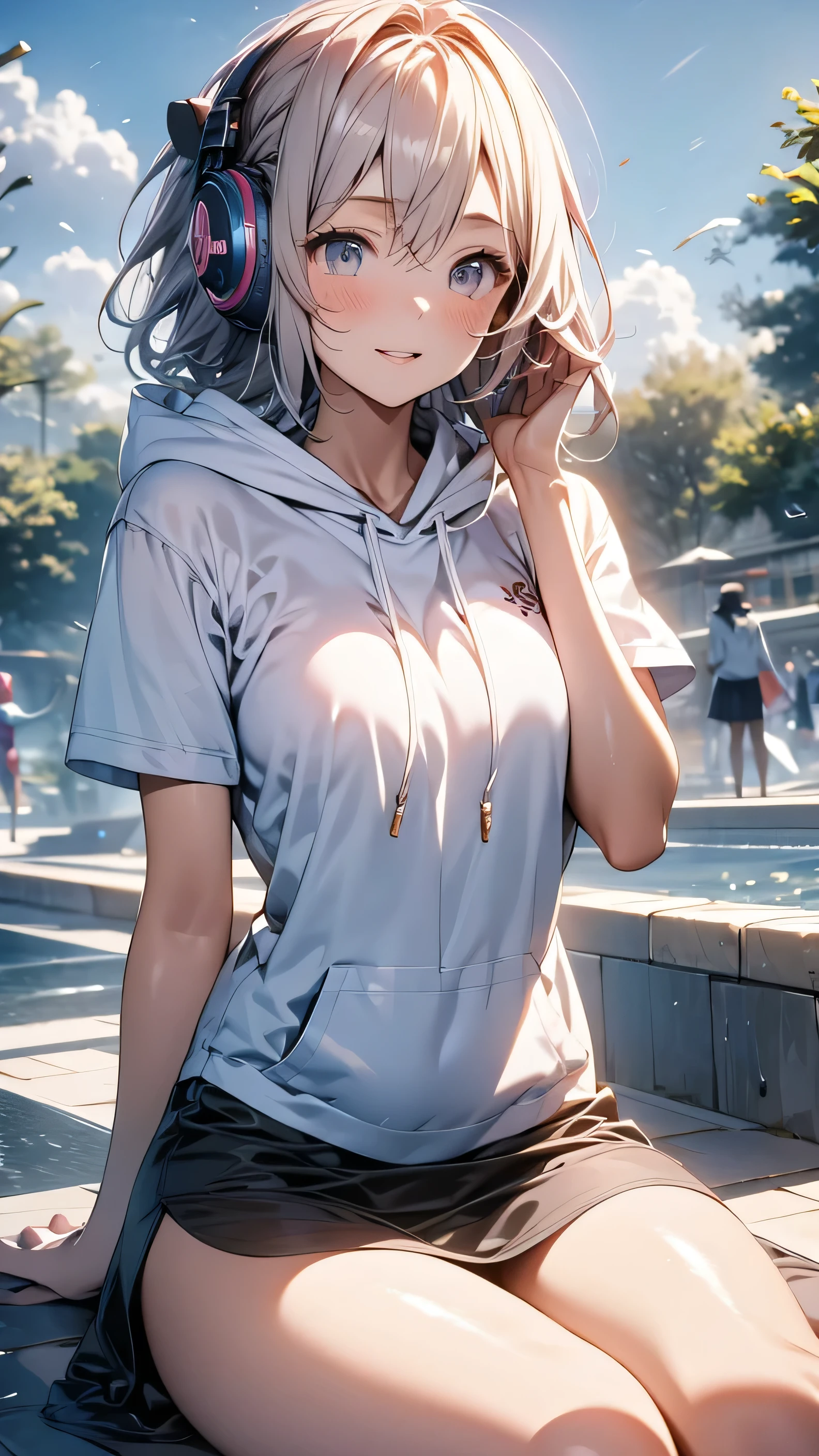 striped hair, Gray Hair、pink、stupid hair, wet hair, listening to music with white headphones、Impressionism, portrait shooting、 Ray Tracing, backlight, masterpiece, accurate, textured skin, Advanced Details, high quality, High Resolution, Super Detail, 1080P, detailed face, detailed eyes, Detailed five fingers,t-shirt, hooded hoodie、 striped skirt, tears, City, clear sky, detailed eyes、 Blizzard 10 、HYDRITE, thighs, destiny \(series\), ****, skirt, thigh-high socks、full body shot、8k