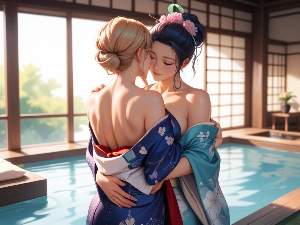 Highest quality, masterpiece, figure, wallpaper, girl, alone, big breasts, Wearing a purple yukata, breast augmentation and emphasis on cleavage、Versatile sensual poses、smiling face, Japanese hot spring town Inakamachi、Emphasis on shading the outline of the chest, full body, blonde hair, semi-long hair, beautiful detailed girl, very detailed eyes and face. Beautiful attention to detail, smile, bright, clean.空, look at your viewers, outside, night sky, stars, loafers, blonde hair, purple petals, violet and blue flowers, blue eyes, blonde ponytail, blue ribbon , thick and well-defined thighs. Beautiful, big breasts, blue eyes, full body, Japanese hot spring town Inakamachi
