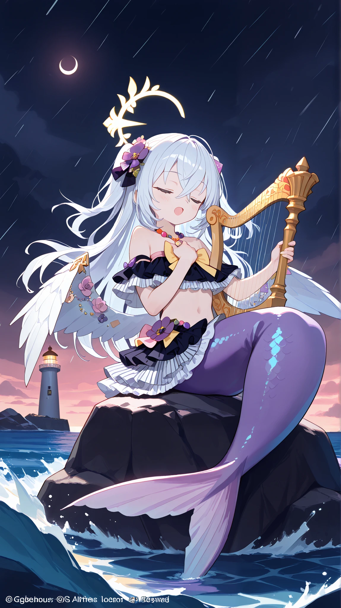 azusa \(blue archive\), 1girl 1other alternate_costume, angel_wings, bare_shoulders, blush, collarbone, feathered_wings, flower, hair_between_eyes, halo, long_hair, looking_at_viewer, small_breasts, pink_flower, pink_rose, purple_eyes, rose, solo_focus, very_long_hair, white_flower, white_hair, white_rose, white_wings, wings, dynamic pose, out of frame, two side up hair, (azusaswim), ((mermaid, purple tail)), closed eyes, happy, open mouth, singing, sitting, on rock, water splashes, waves, sea, rock, storm, raining, dark clouds, dark sky, lighthouse, night, playing harp, harp, hand on chest, cute, heart, solo, (clothed, ultra kawaii), hdr, low contrast, masterpiece, best quality, absurdres, masterpiece, highres, perfect anatomy, anime style, anime screenshot, 8k wallpaper, ultra high quality, (extremely detailed cg), perfect lighting, (sharp image), gorgeous, vibrant colors,award-winning, professional, highly detailed,high budget, dynamic angle, dynamic view, close up view, full body