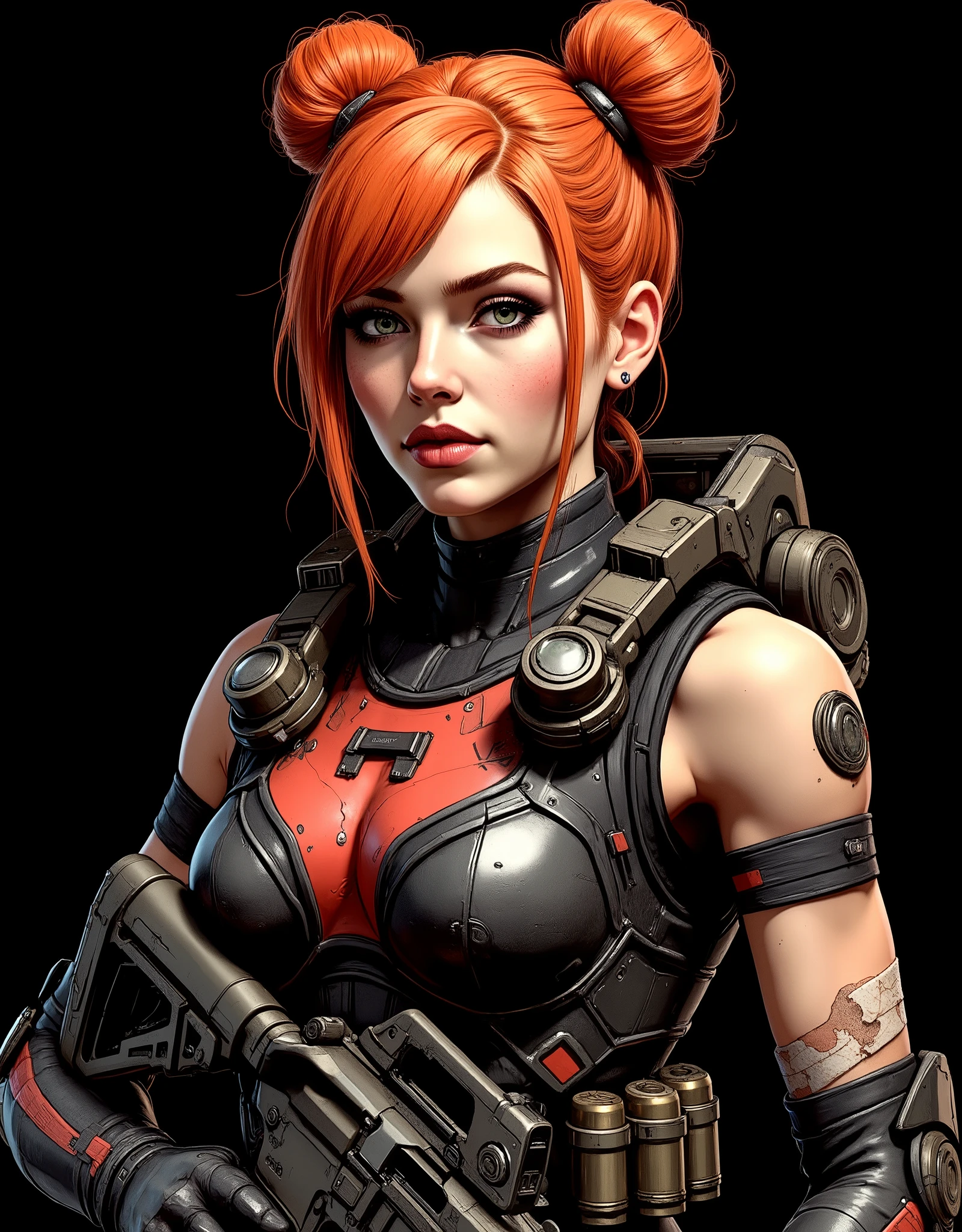 ((artwork, highest quality, A maximum image quality, high resolution, photorealistic, CRU photo, 8k)),(best quality, 4k, high resolution, masterpiece: 1.2), ultra detailed, (realistic, photorealistic: 1.37), creates a perfect image of a futuristic space marine girl, image of the bust from the head to the waist, heavy tactical assault combat suit, parts of the combat suit are made of carbon fiber, suit in shiny black and red, dirty and worn by combat, very technological, perfect image, 8k, of a woman with orange-red hair with two buns on each side of her head, highly detailed hair, futuristic black microphone headphones, greenish-gray eyes, detailed and beautiful eyes, very beautiful, divine beauty, long eyelashes, thick and pink lips, wet and half-open lips, calm and relaxed expression, she is a warrior woman, stare into the camera lens, very soft skin detailed, massive breasts, sagging breasts, forearm and wrist guards with light armor, flat abdomen. She wields a gun metal colored Heckler & Koch G36. Right arm with a bandage with blood from a wound, bullet impacts on her armor. They carry grenades and spare ammunition. Belts with extra ammunition, She is preparing for another furious combat, 8k resolution. Dynamic pose. Image with pure black background ideal for wallpaper.
