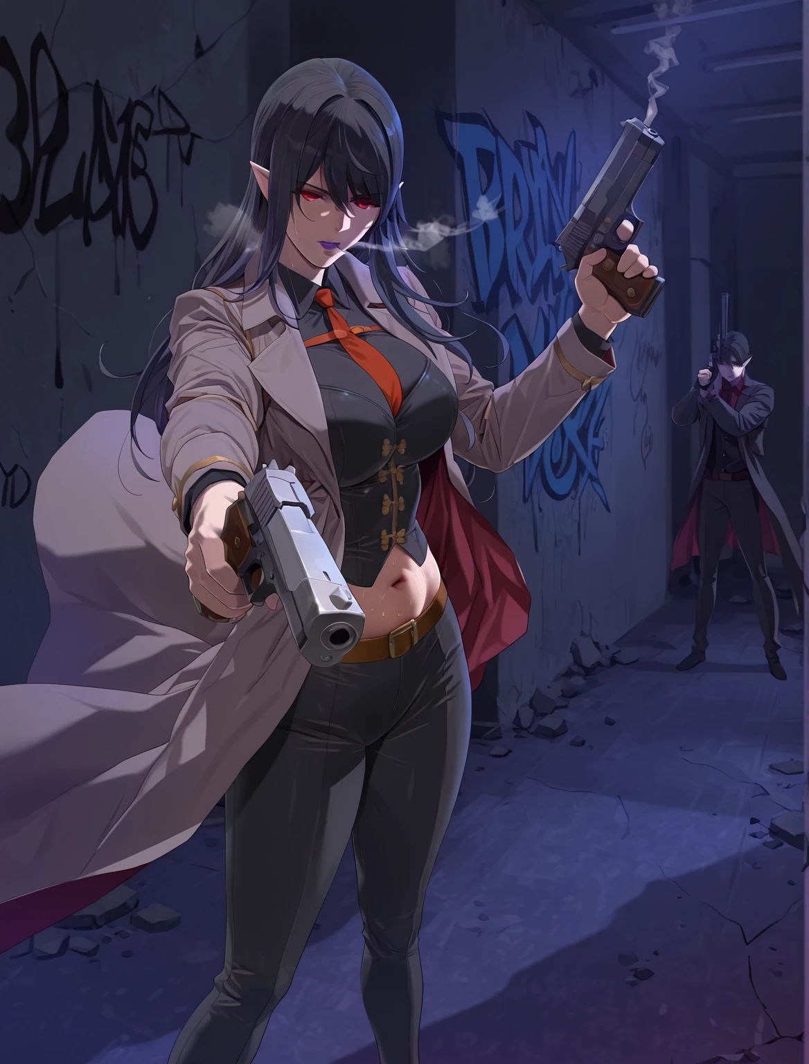 (yd \(orange maru\)-style:1.4), (oda non-style:1.2), anime coloring, anime screencap, anime-style detailed background, vignetting, masterpiece, high quality, absurdres, best quality, very aesthetic, newest, dynamic composition, anatomical correct, HD, 4K, digital art, trending on ArtStation, perfect body, perfect eyes, perfect fingers, gasping, heavy breathing, excessive sweating, sweating, sweating profusely, gasping profusely, cinematic, ((skindentation)), ((curvy)), enigma, vampire, long hair, black hair, hair between eyes, red eyes, purple lips, lipstick, pointy ears, big breasts, bright pupils, ((flabby stomach)), plump, 1girl, weapon, solo focus, solo, gun, handgun, holding, necktie, dual_wielding, stubble, smoke, holding_weapon, holding_gun, smoking_gun, long_coat, formal, indoors, crack walls, wall, graffiti wall, looking at viewer, half-closed eyes, evil bored, bored expressions