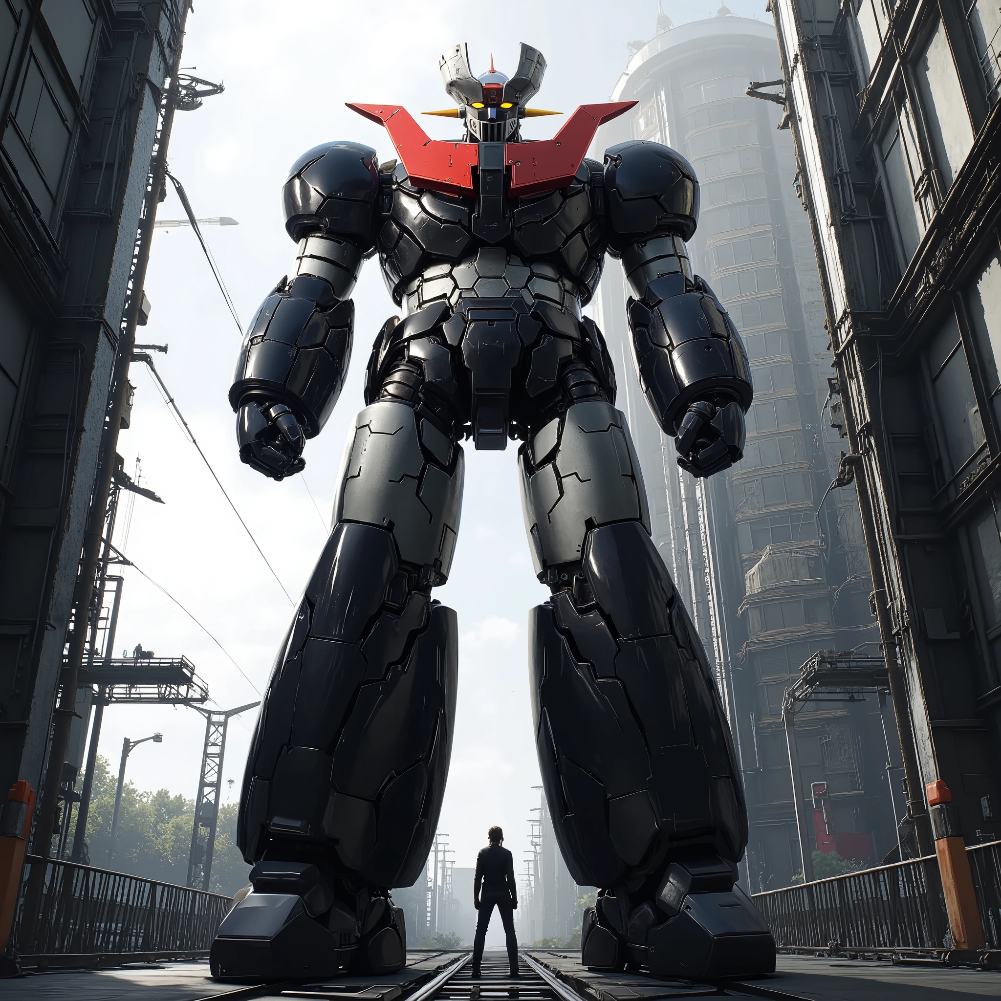  Modified Mazinger Z ,  Mazinger Z is 100 meters tall.   Constructed with modern materials such as steel  ,   Carbon Fiber  ,   Other industrial elements are also visible  ,  Just like the real thing  ,    I'm standing ahead at the height of a high-rise tower where a high voltage current flows and emits light . The industrial environment of modern nuclear power plants  ,   Masinger Z standing around  ,   are illuminated by natural light  、Mazinger Z 　  a huge structure emphasized by realistic shadows  . LED light lighting  　Gundam