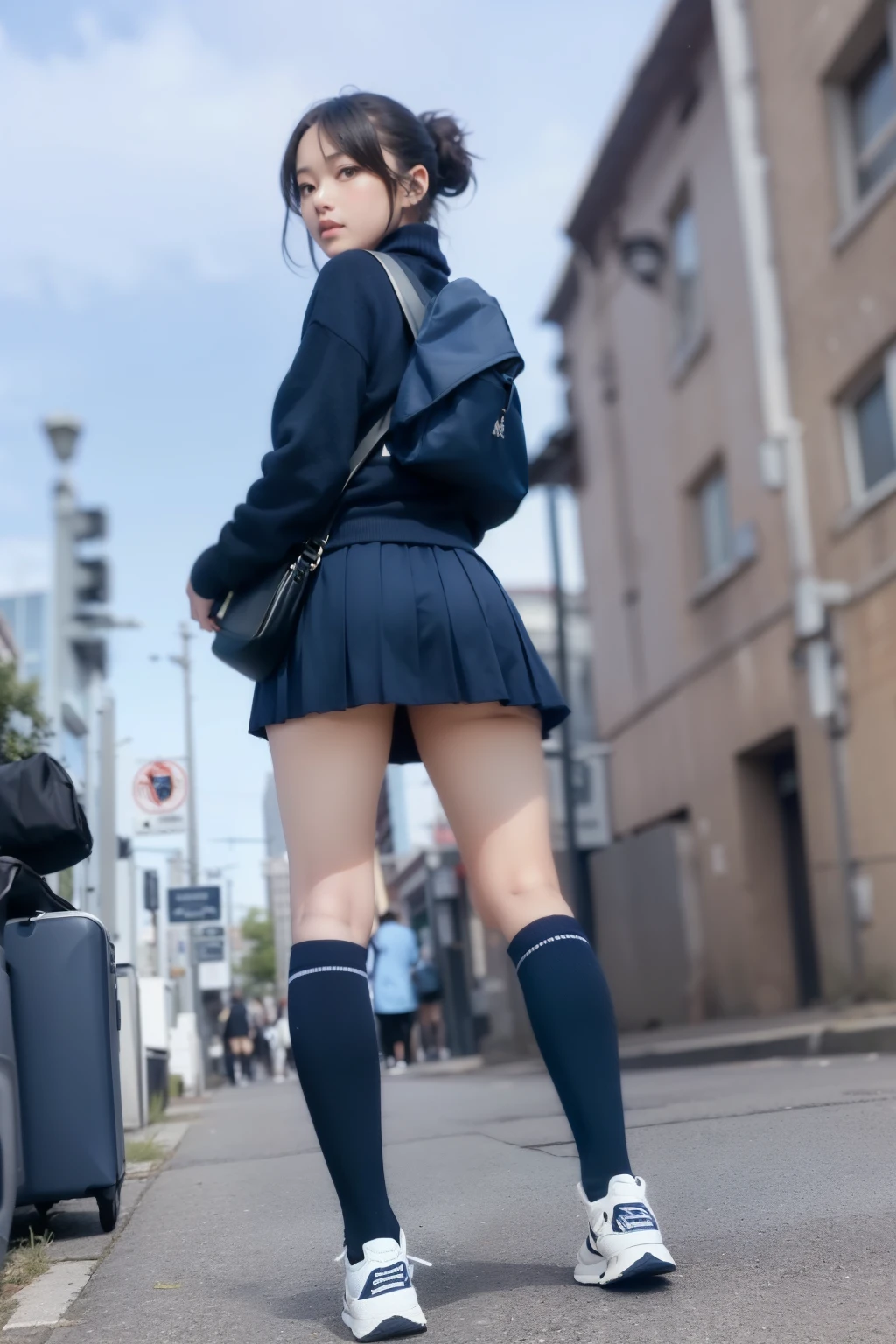 Very detailed、masterpiece、Highest quality、Ultra-high resolution、8K High Resolution、Photogenic transparency、Detailed eyes、Gradation、Perfect anatomical figure ,hard disk、Hmph , Nikon Z9 80mm Lens , Tabletop、Street in front of Tokyo Station、Standing model、shirt、(school uniform:1.5)、(((Skirts must be worn)))、(((Lift the hem of a skirt)))、Panty Focus、Too bright natural light、sunlight、(((While standing, She lifts her skirt to show her pussy to the camera.)))、(((Beautiful and white teeth)))、(((Raise your skirt higher and higher,Show your pussy to the camera)))、Ultra slim body、(Very large breasts:1.3)、Slim model body shape、Beautiful posture、Wearing a collar、Earrings、Earrings、((Navy Blue Skirt))、crowd、Erect nipples、ponytail,shaved pussy、In front of a crowd、navel piercing