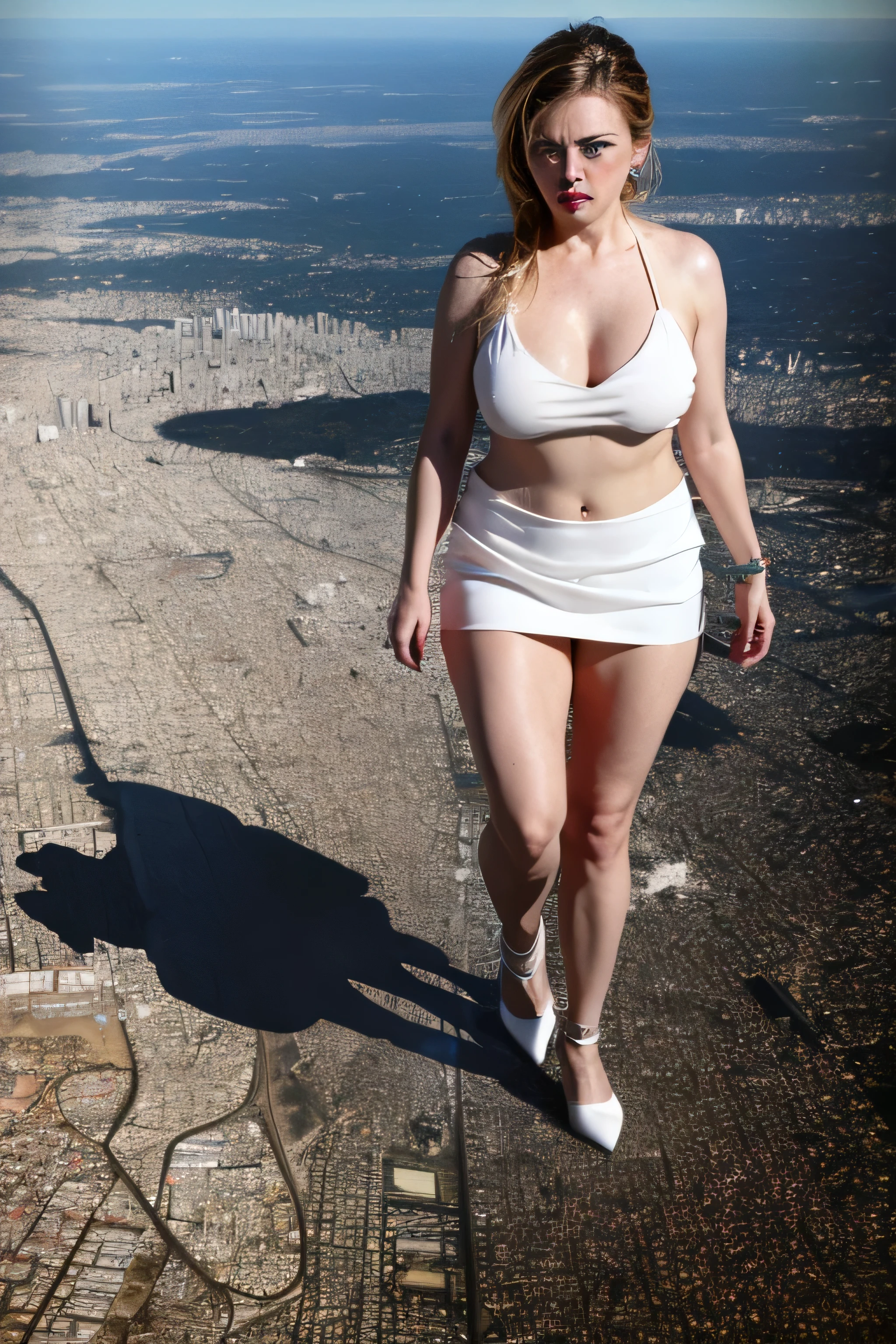 Hannah Waddingham, (masterpiece, best quality, best shadows, best shading, cinematic lighting, colorful, ultra-detailed, beautiful photography, character focus, extremely-detailed, photorealistic, hyper photorealism, atmospheric, Hyperrealistic), (city destruction:1.2), (giantess), (uncaring, looking at the ground angrily, walking, mid stride, stepping down on, stomping, crush, rampage), (short pixie haircut, tomboy), (patent Louboutin designer pointed toe pumps, high heels, stiletto heels, extreme form fitting and tight sweater, tight mini skirt), (extreme low angle, view from the ground looking up), (cleavage, ample heaving bosom, legs), (urban sprawl, farmland and small towns, cloudy, overcast, clouds and atmosphere partly obscuring the subject, hazy atmosphere, haze in foreground, wispy clouds, city, destruction, buildings, helicopter, streets)