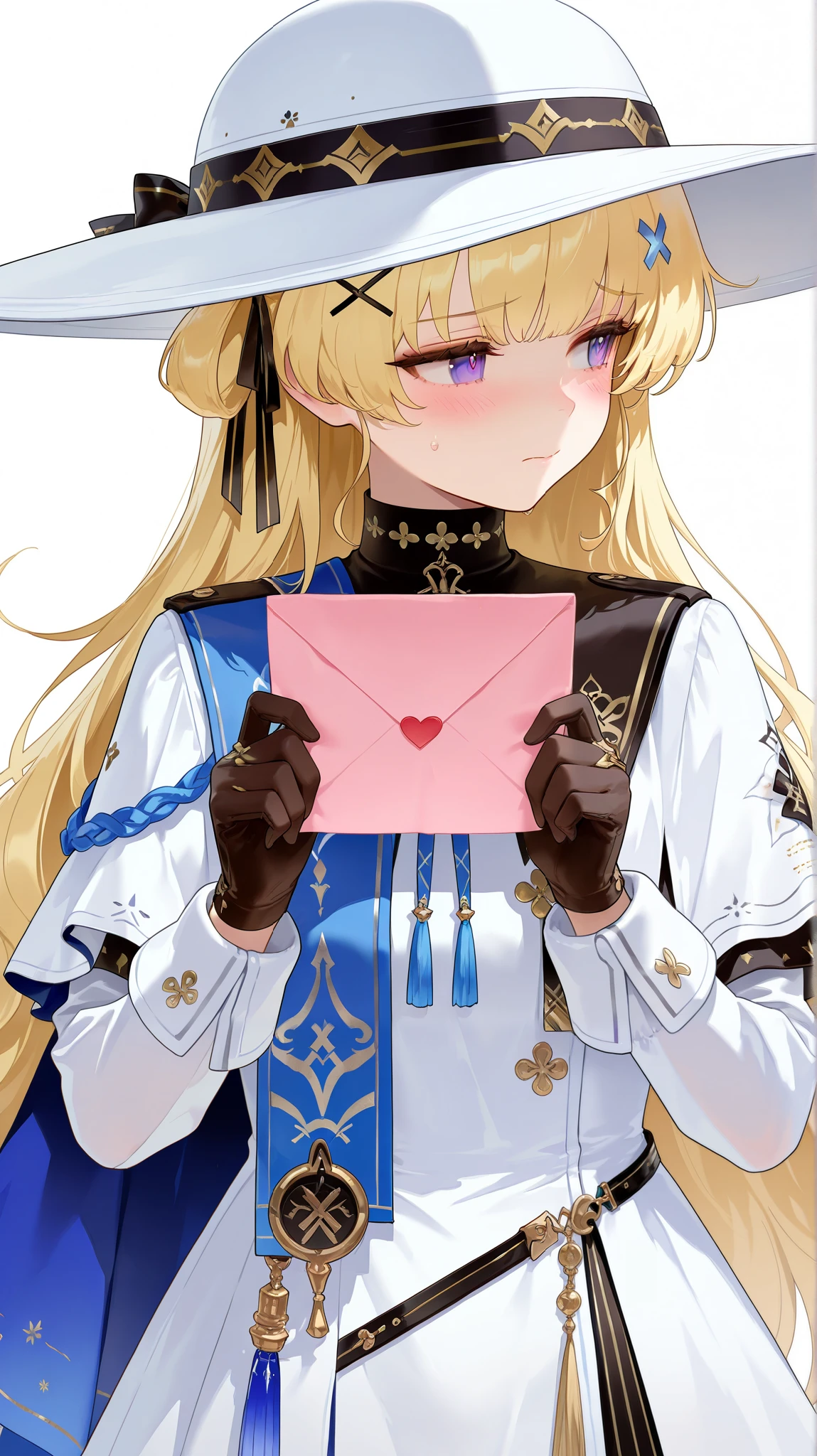 masterpiece, top quality, best quality, official art, beautiful and aesthetic:1.2),(8k, best quality, masterpiece:1.2), (((masterpiece))),(((best quality))),(((extremely detailed))), illustration, who, (masterpiece, top quality, best quality, official art, beautiful and aesthetic:1.2),(8k, best quality, masterpiece:1.2), 1girl, phoebe \(wuthering waves\), 1girl, gloves, blonde hair, solo, long hair, hat, black gloves, blush, purple eyes, white headwear, holding, looking to the side, white background, long sleeves, dress, simple background, white dress, ribbon, hair ornament, averting eyes, very long hair, embarrassed, jewelry, hair ribbon, closed mouth, capelet, letter, upper body, bow, x hair ornament, black ribbon, love letter, sun hat