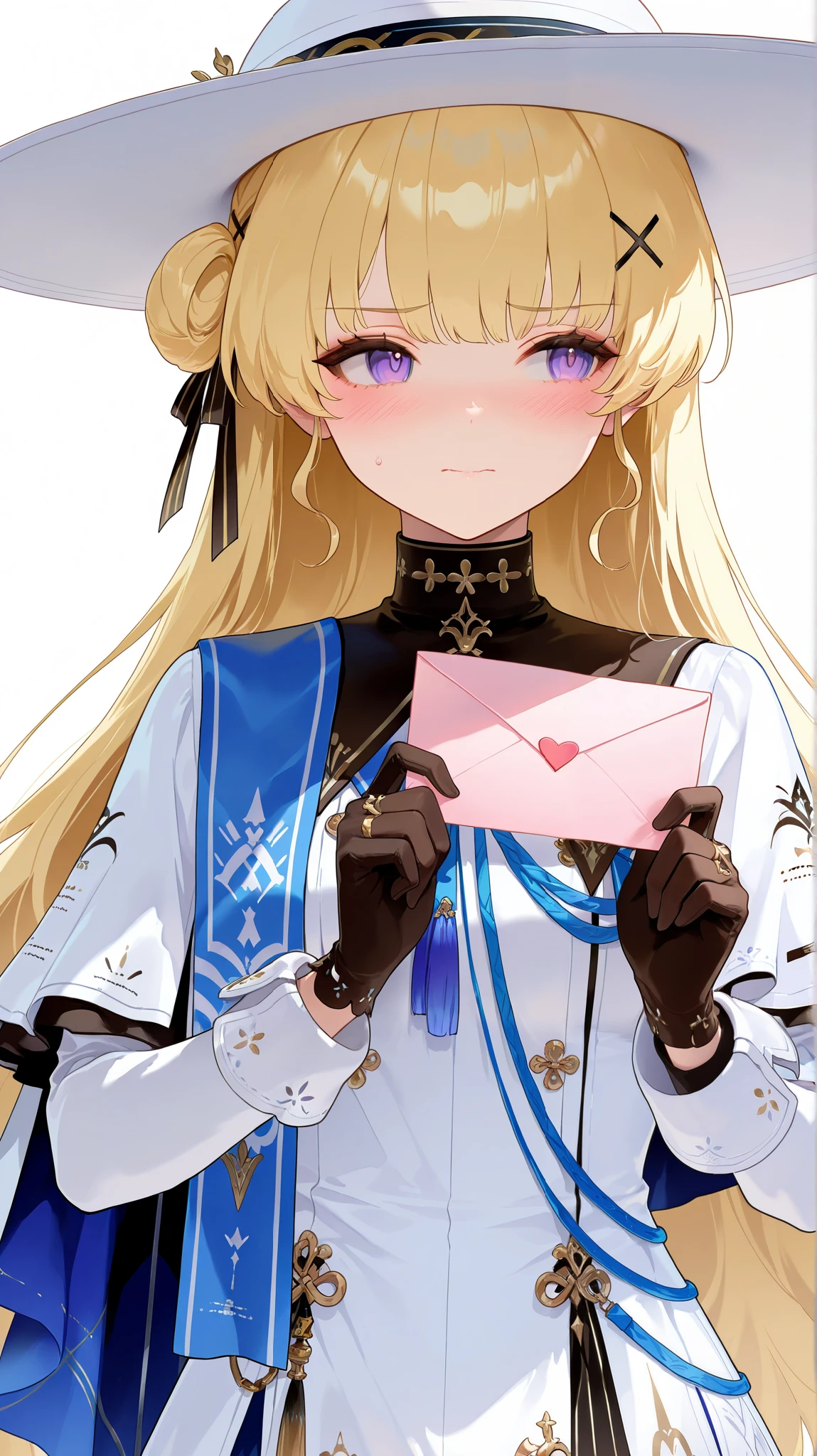 masterpiece, top quality, best quality, official art, beautiful and aesthetic:1.2),(8k, best quality, masterpiece:1.2), (((masterpiece))),(((best quality))),(((extremely detailed))), illustration, who, (masterpiece, top quality, best quality, official art, beautiful and aesthetic:1.2),(8k, best quality, masterpiece:1.2), 1girl, phoebe \(wuthering waves\), 1girl, gloves, blonde hair, solo, long hair, hat, black gloves, blush, purple eyes, white headwear, holding, looking to the side, white background, long sleeves, dress, simple background, white dress, ribbon, hair ornament, averting eyes, very long hair, embarrassed, jewelry, hair ribbon, closed mouth, capelet, letter, upper body, bow, x hair ornament, black ribbon, love letter, sun hat