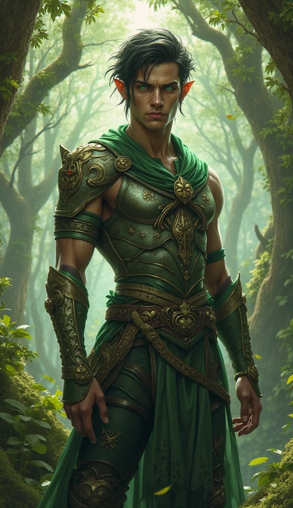 dark skin, detailed beautiful young man, green hair, long, detaiiled perfect white eyes, delicate symmetric realistic and beautiful face, (hell  background),  ranger outfit leather armored, fairy, wild flowers blending into hair, full body, masterpiece, absurdres,fine detail, rich colors, dramatic lighting, extremely detailed, cinematic lighting