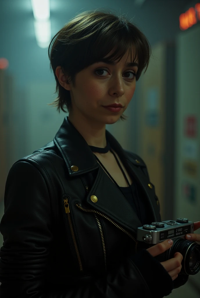 girl, Brown hair, Bob haircut, With a bang, Purple winter jacket with green sweater inside, arms crossed, slightly serious expression, big eyes,  White gloves, Blue eyes,