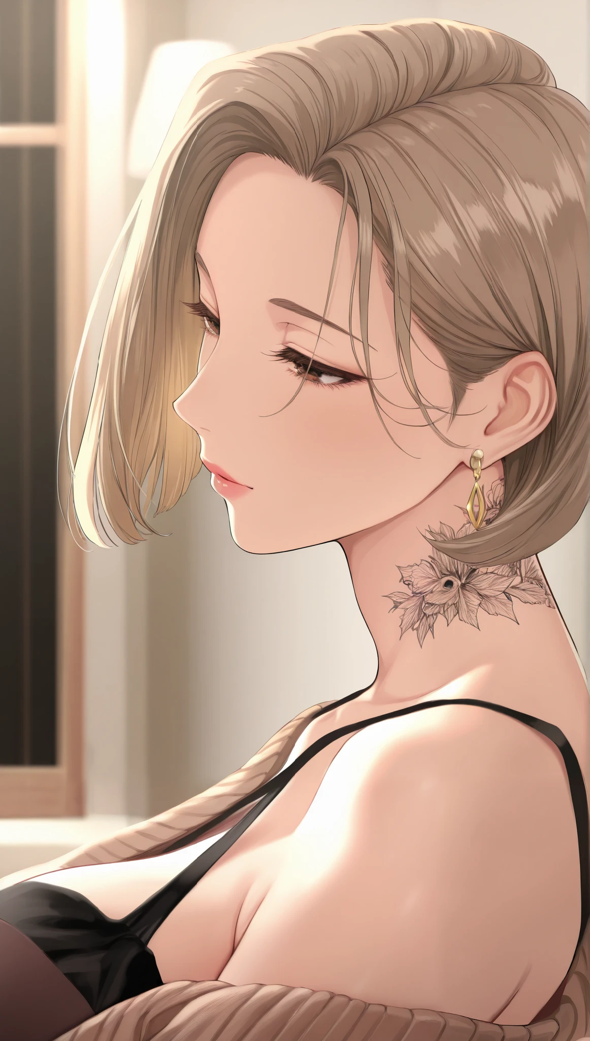 mature female, elegant, brown eyes, light brown hair, short bob hair, bangs over the eyes, straight hair, earrings, neck tattoo, head tilt, black nightie, brown cardigan, bare shoulders, extremely detailed eyes, breasts, milf, upper body, side view, soft light, high detailed, best quality, detailed background, garden