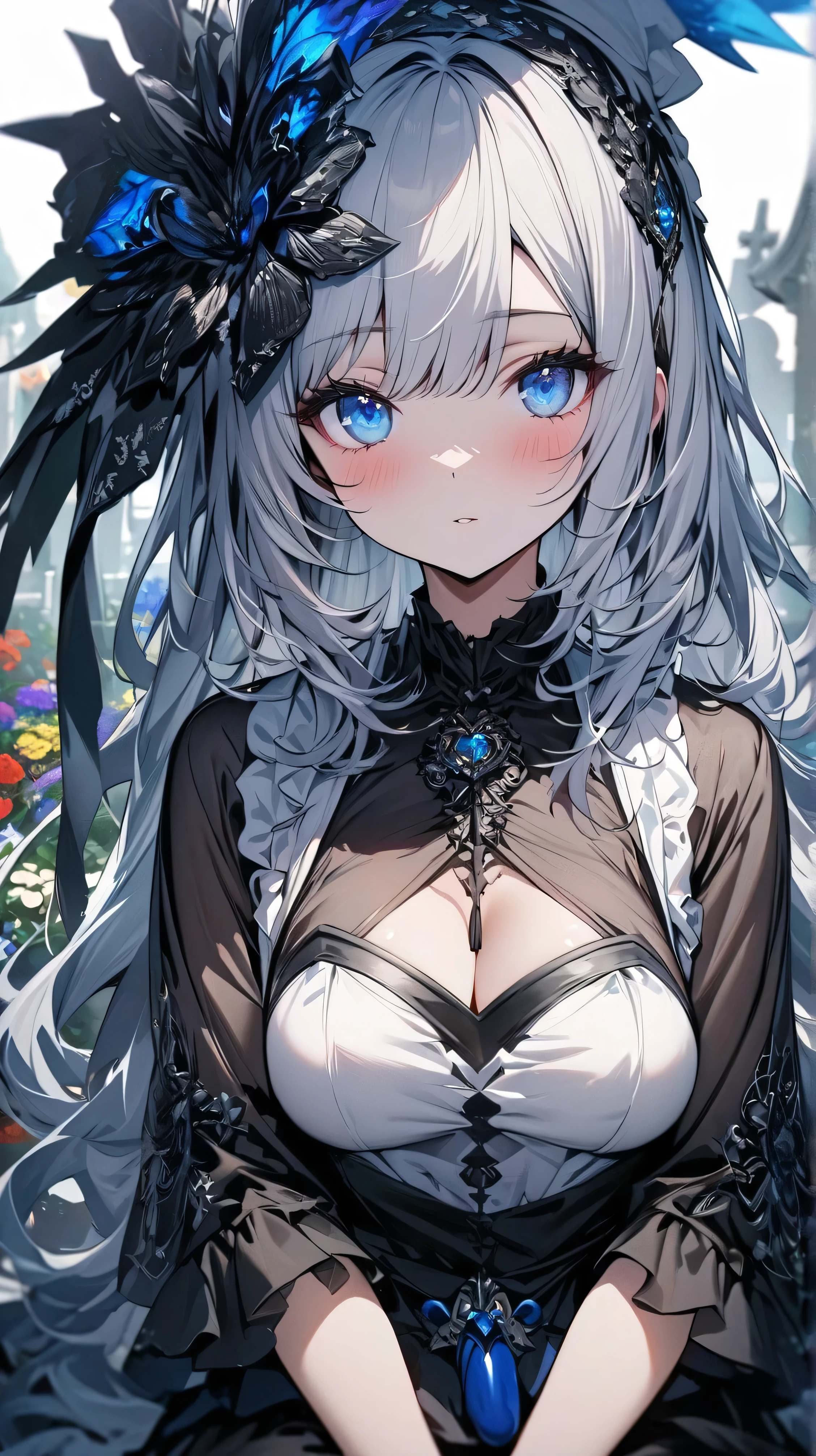 white hair, large hair, blue eyes, black dress, seductive smile,
normal chest, young woman,