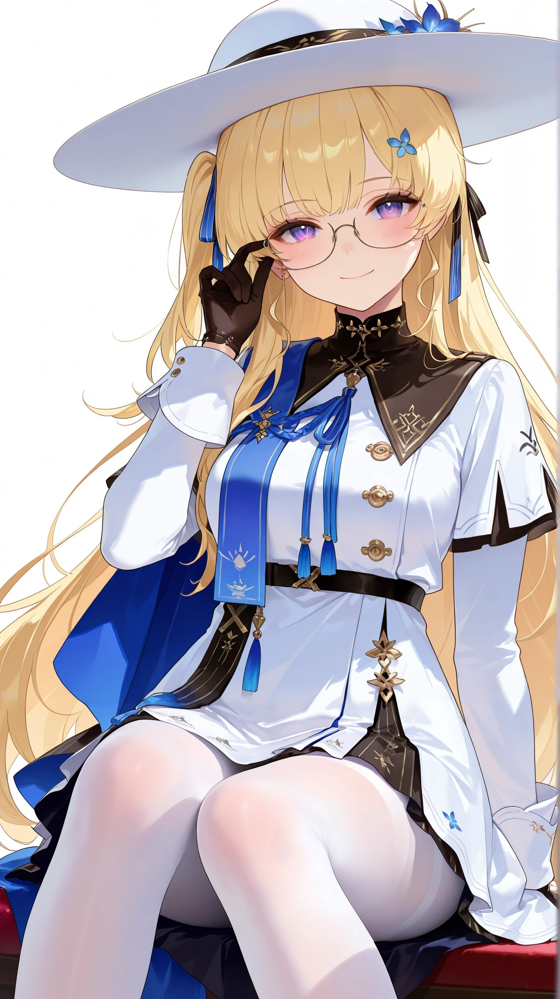 masterpiece, top quality, best quality, official art, beautiful and aesthetic:1.2),(8k, best quality, masterpiece:1.2), (((masterpiece))),(((best quality))),(((extremely detailed))), illustration, who, (masterpiece, top quality, best quality, official art, beautiful and aesthetic:1.2),(8k, best quality, masterpiece:1.2), 1girl, phoebe \(wuthering waves\), 1girl, gloves, solo, blonde hair, long hair, black gloves, purple eyes, hat, white headwear, glasses, pantyhose, smile, dress, looking at viewer, white pantyhose, white dress, white background, hair ornament, breasts, sitting, long sleeves, simple background, closed mouth, adjusting eyewear, virtual youtuber, ribbon, medium breasts, blush, hair ribbon, one side up