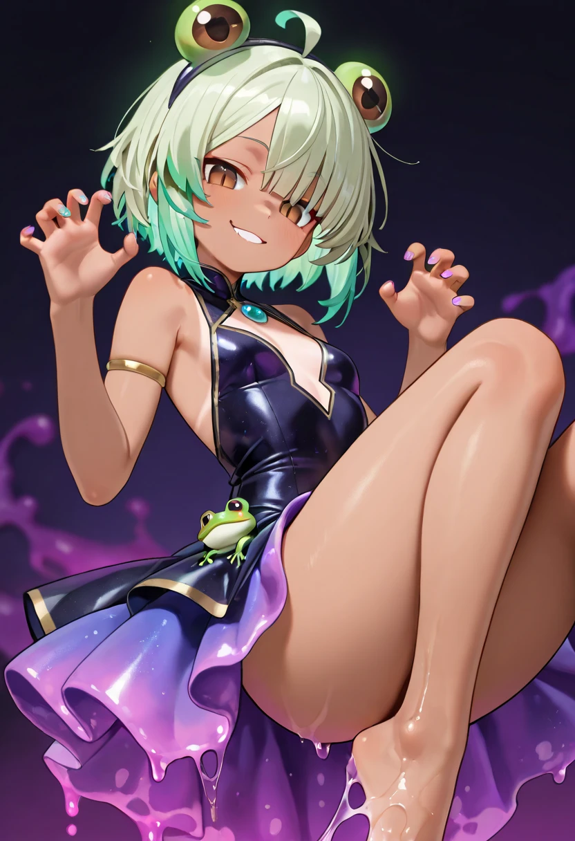 work of art, best qualityer, CG 8k, (colorfully), tatsumaki, 1 girl, Volumetric Light, Ray tracing, (anatomical correct), (Full Body 1.1), Body cute, ideal feminine image, corpor sexly, nice legs, eyes glowing green, rosy cheeks, gazing at viewer, visible legs, raised thong panties, black gown, sexly, HDR, medium breasts, a hand on the breast, adult, ideal woman body, 独奏, fund: blue sky, buildings, green fireflies in the air
