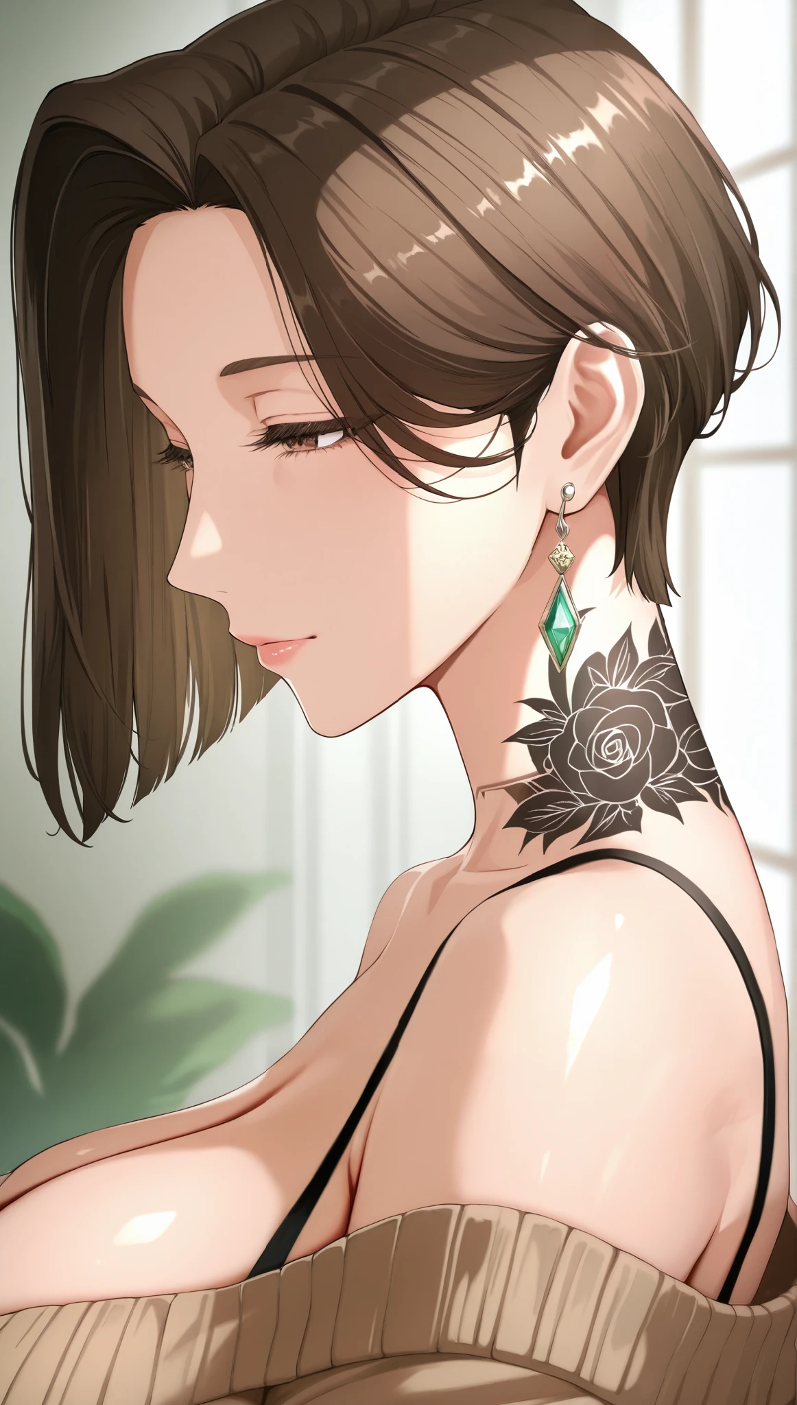 mature female, elegant, brown eyes, brown hair, short bob hair, bangs over the eyes, straight hair, earrings, neck tattoo, head tilt, black nightie, brown cardigan, bare shoulders, extremely detailed eyes, breasts, milf, upper body, side view, soft light, high detailed, best quality, detailed background, garden