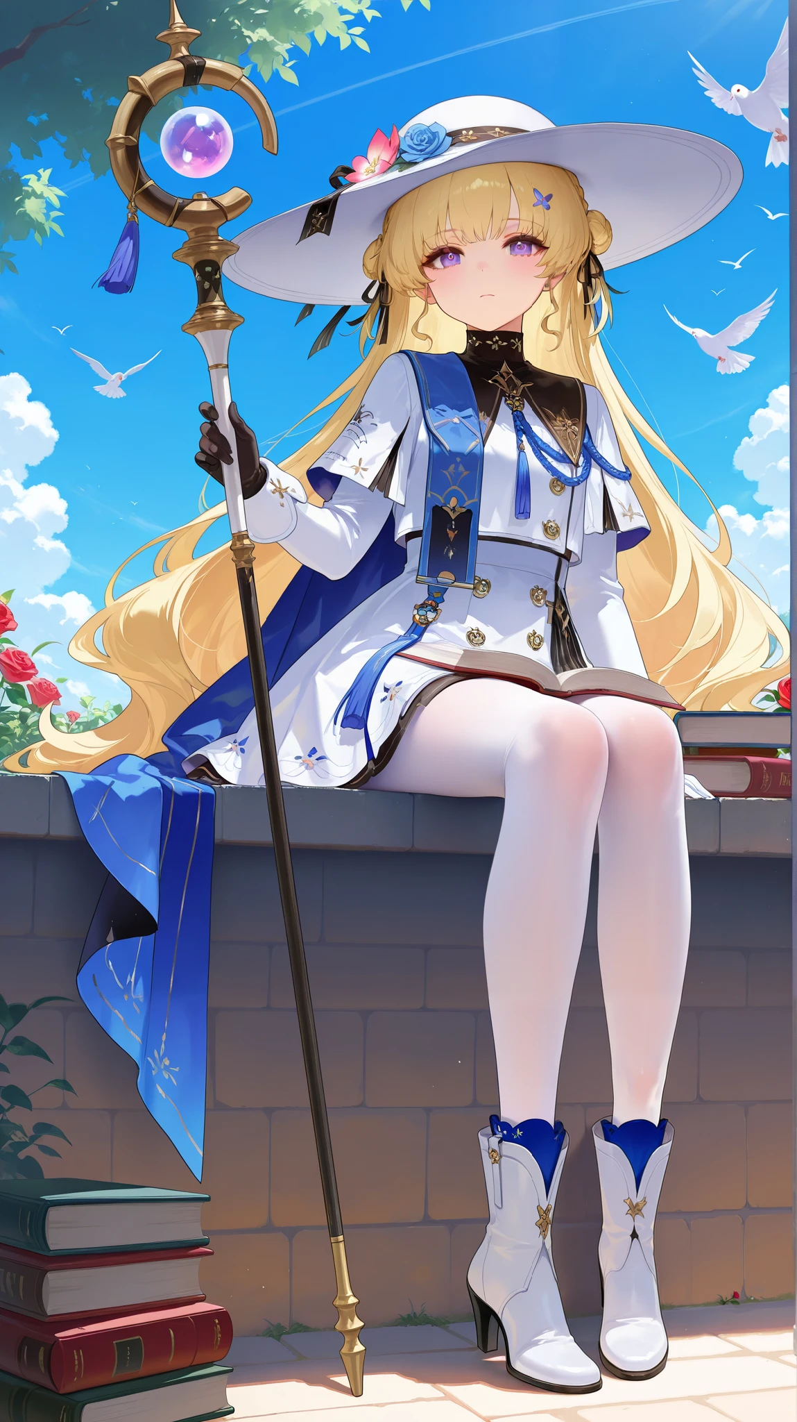 masterpiece, top quality, best quality, official art, beautiful and aesthetic:1.2),(8k, best quality, masterpiece:1.2), (((masterpiece))),(((best quality))),(((extremely detailed))), illustration, who, (masterpiece, top quality, best quality, official art, beautiful and aesthetic:1.2),(8k, best quality, masterpiece:1.2), 1girl, phoebe \(wuthering waves\), 1girl, book, blonde hair, holding, hat, long hair, flower, white headwear, gloves, blue flower, rose, solo, purple eyes, pantyhose, sitting, black gloves, bird, red flower, holding book, open book, dress, boots, outdoors, blue rose, white footwear, white pantyhose, looking at viewer, red rose, ribbon, staff, long sleeves, sky, day, closed mouth, blue sky, high heels, high heel boots, white dress, hat flower, very long hair, book stack, holding staff, sun hat, hair ribbon, black ribbon, dove