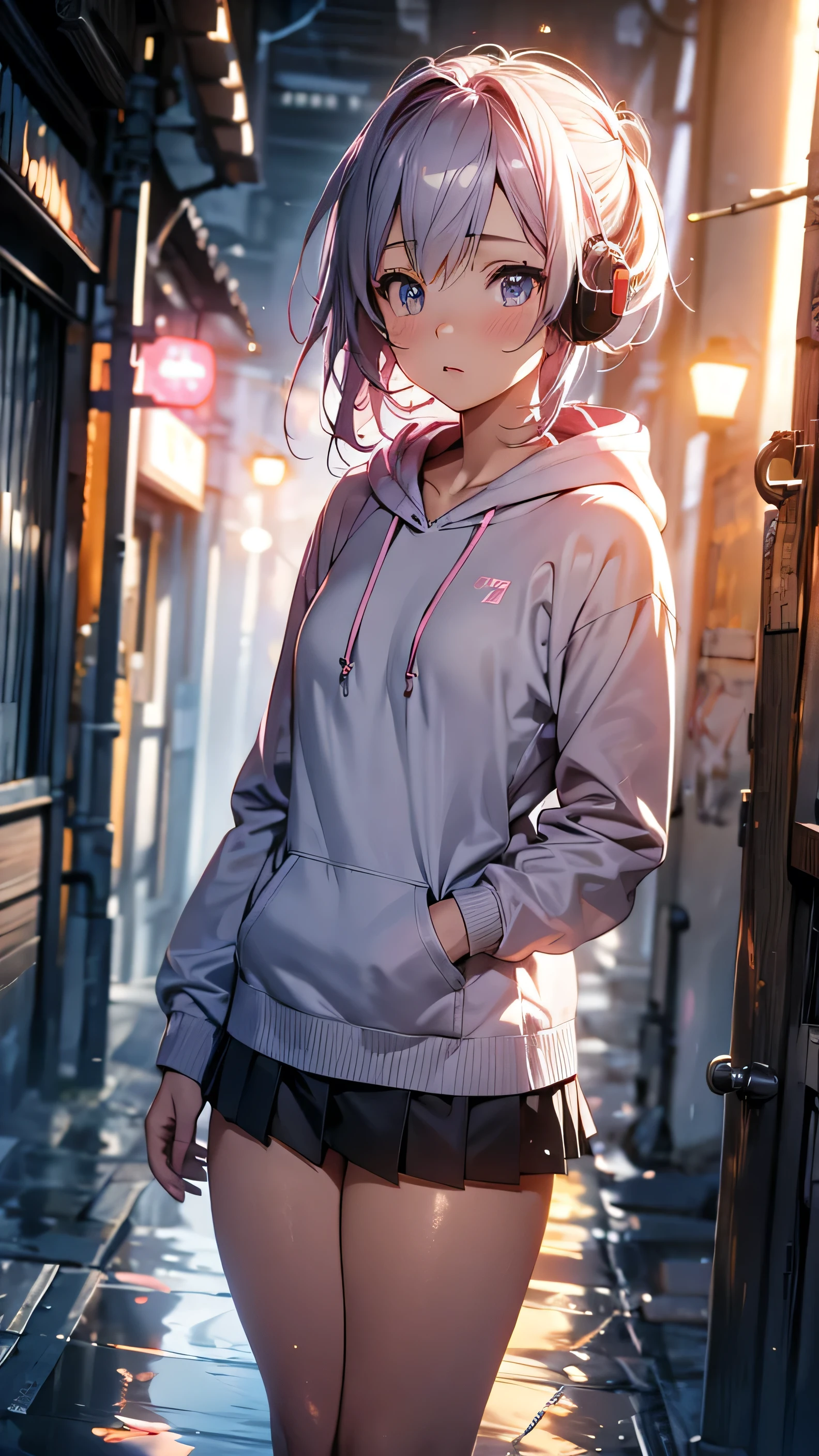 striped hair, Gray Hair、pink idiot hair, wet hair, girl listening to music with white headphones、Impressionism,Portrait Photos、 Ray Tracing, backlight, masterpiece, accurate, textured skin, Advanced Details, high quality, High Resolution, Super Detail, 1080P, detailed face, detailed eyes, Detailed five fingers、wet shirt, hooded hoodie、 striped pant skirt, tears, Art City, clear sky, detailed eyes、 Blizzard 10 、HYDRITE, thighs, destiny \(series\), ****, skirt, thigh-high socks、full body shot、8k