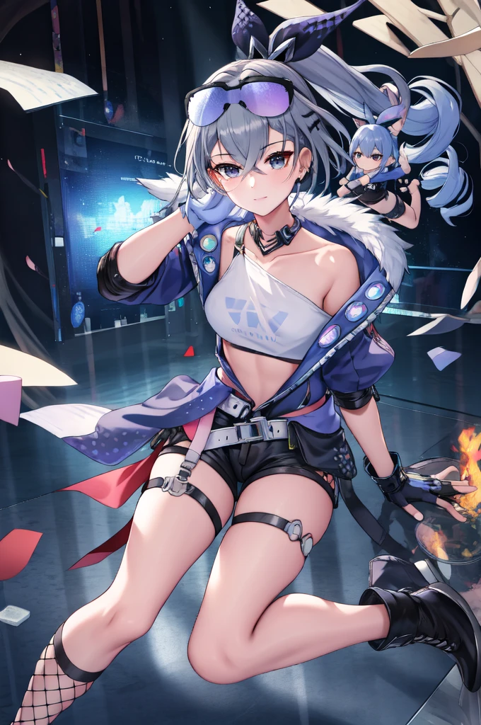 young girl, short gray hair, cat ears, high ponytail, violet eyes, Black leather tight top, white puffy sleeves, black skirt, pantyhouse, turquoise cloak, open breasts, Masterpiece, hiquality