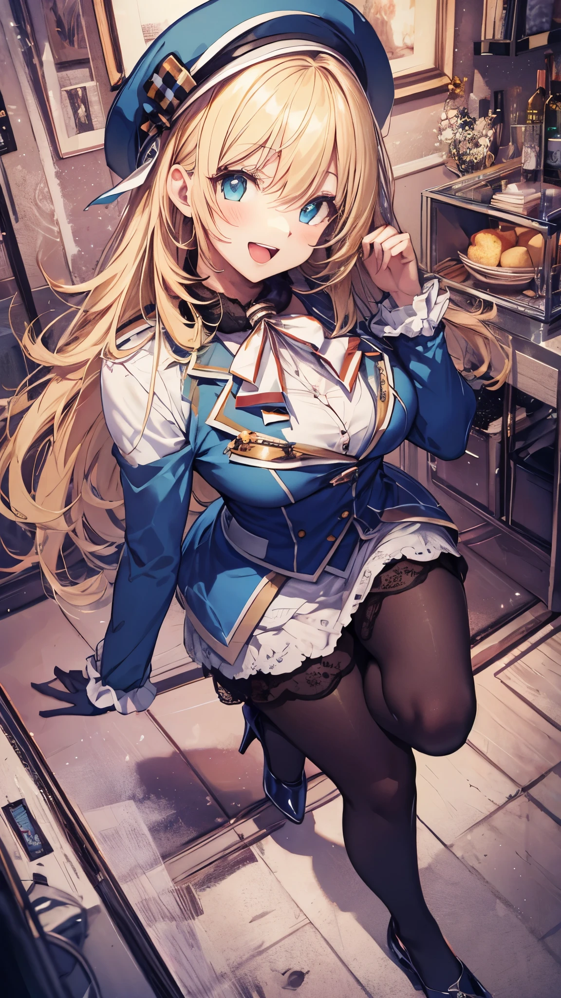 upper body,from above,1girl,solo,AtagoKC, (Atago) uniform,blonde hair,long hair,blue beret,black gloves,black pantyhose,high heels,blue skirt,black inner skirt,
looking at viewer, smile, open mouth,(raising fist,standing on one leg),masterpiece,Noise Reduction,perfect anatomy,high resolution, ultra-detailed, ultra-detailed face,game cg,dutch angle ,beautiful detailed eyes,visualart,five fingers, perfect hands, perfect lighting, sparkling pupils,