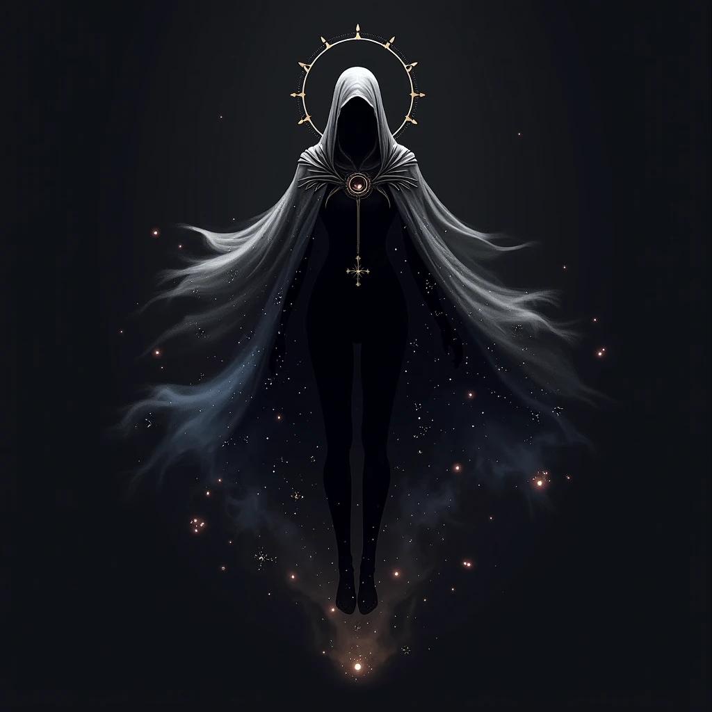 The image depicts a stylized figure, possibly a character from a fantasy setting, in a flowing garment adorned with constellations. The figure’s silhouette is dark, while the cloak is luminous, suggesting a celestial or ethereal  essence.  A prominent black void or singularity is visible at the figure's chest. The overall aesthetic is mystical and otherworldly. This figure It seems androgen body 2D style behind her create a three stars a bow, a dragon and a Cup